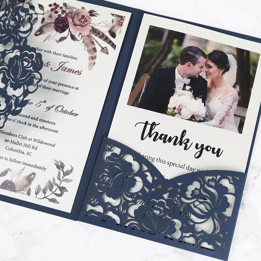 Blue Floral Laser cut invitation cards for Wedding, Anniversary - DorisHome