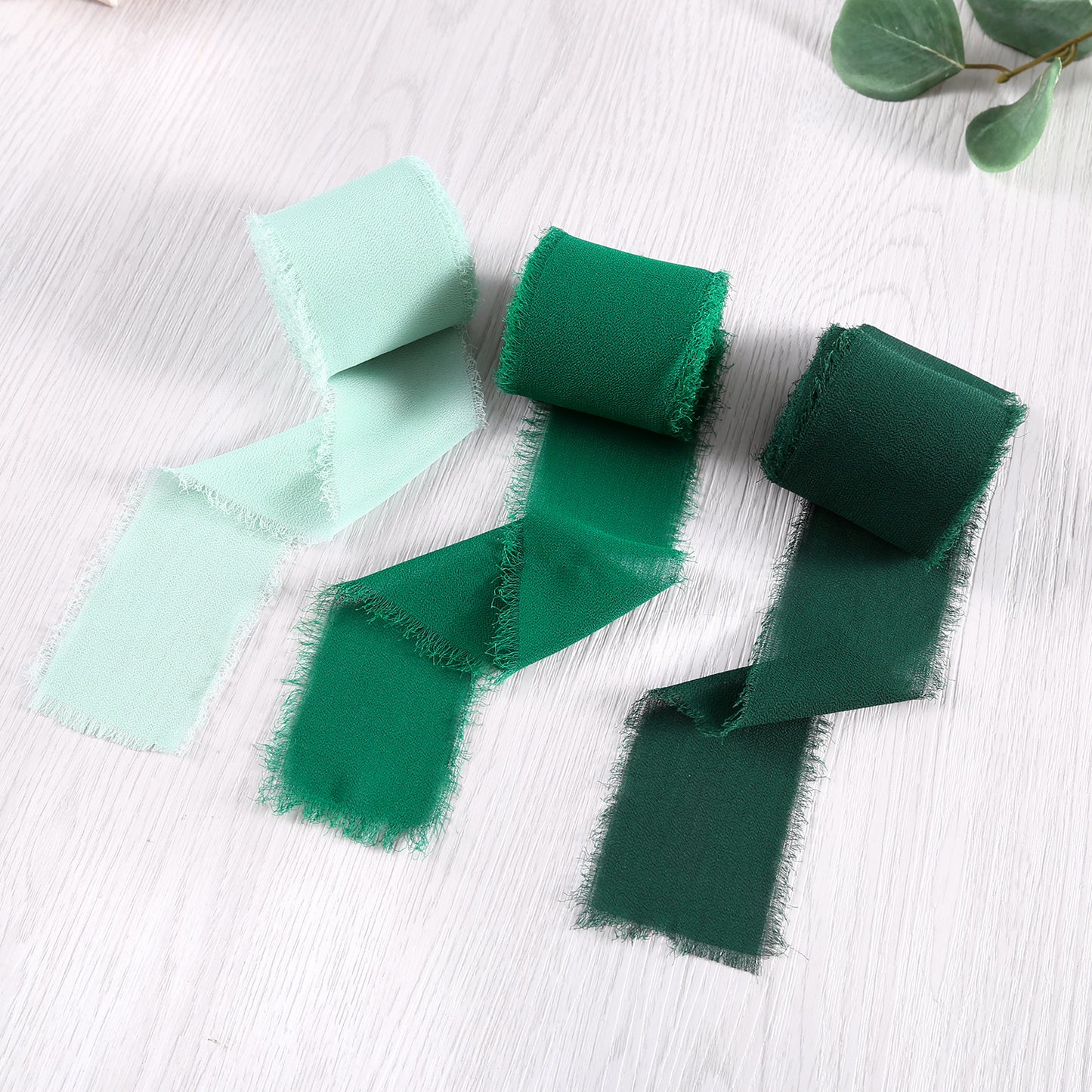 Handmade Fringe Chiffon Silk-Like Ribbon 2" x 7Yd Set of 3 Rolls Ribbons for Wedding Invitations, Bouquets, Gift Wrapping (3 Rolls Dark Green/Forest Green/Mint Green)