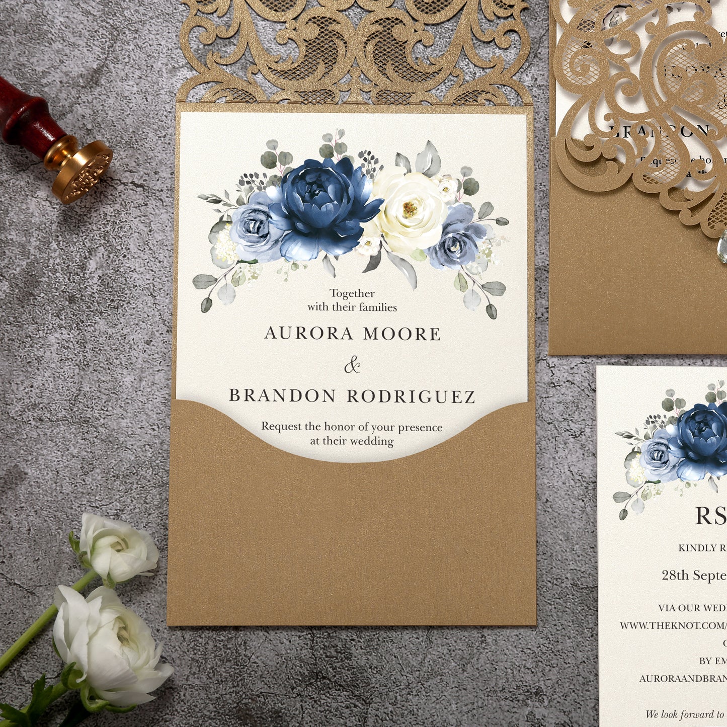 Vertical Blue Floral Laser cut invitations for Wedding Anniversary