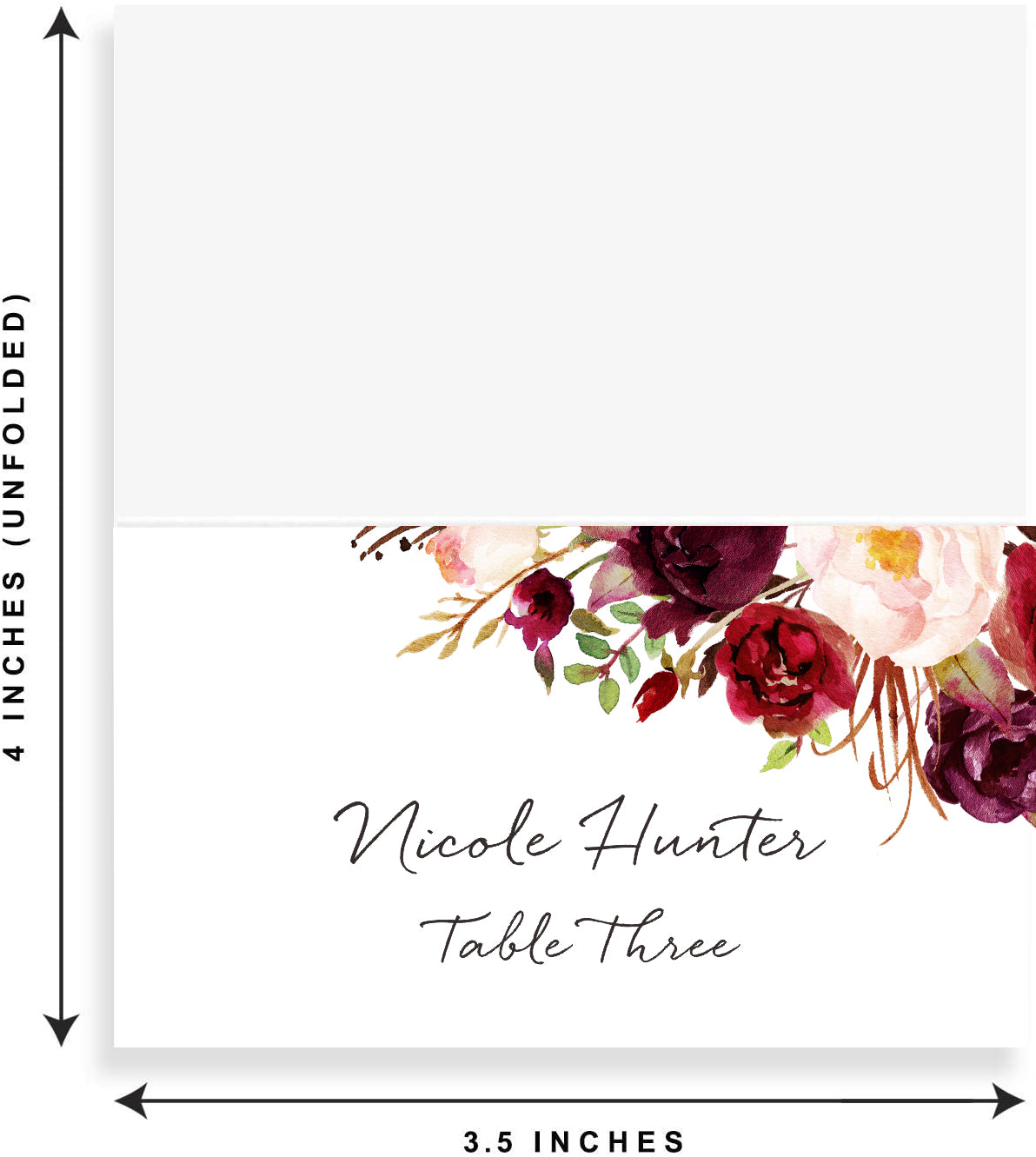 Floral Place Cards for Wedding or Party, Seating Place Cards for Tables, Scored for Easy Folding, Burgundy Flower Design, 2 x 3.5 Inches