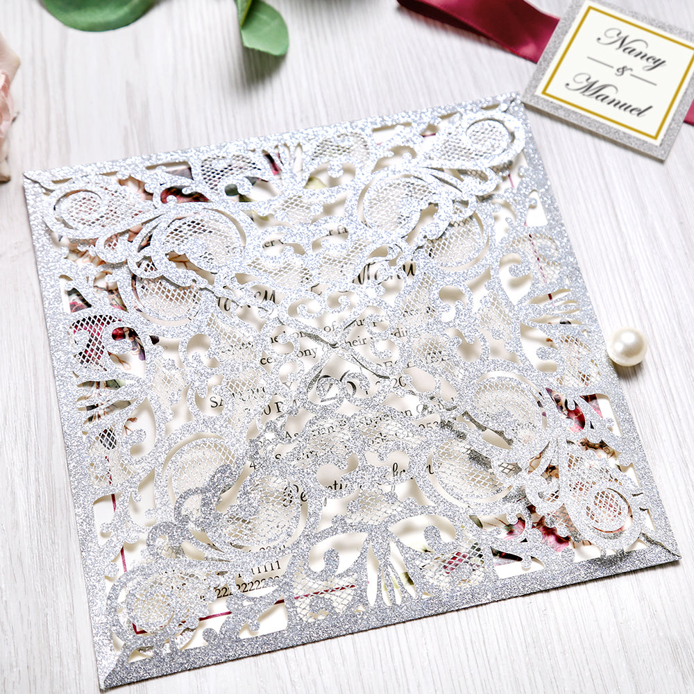 Square Glitter Sliver Wedding Invitations with Burgundy Ribbon Belly Band for Wedding - DorisHome