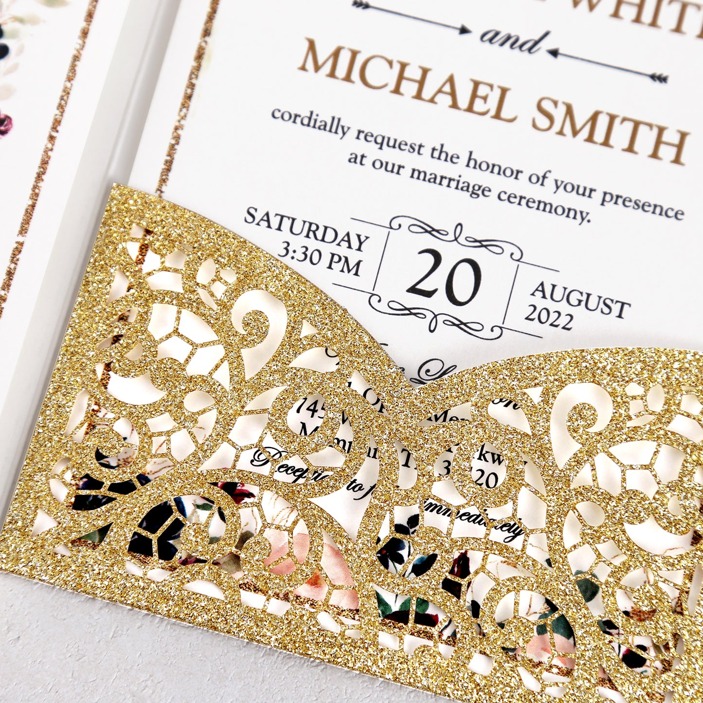 4.7 x7 inch Gold Glitter Laser Cut Hollow Rose Wedding Invitations Cards with Envelopes for Wedding Party