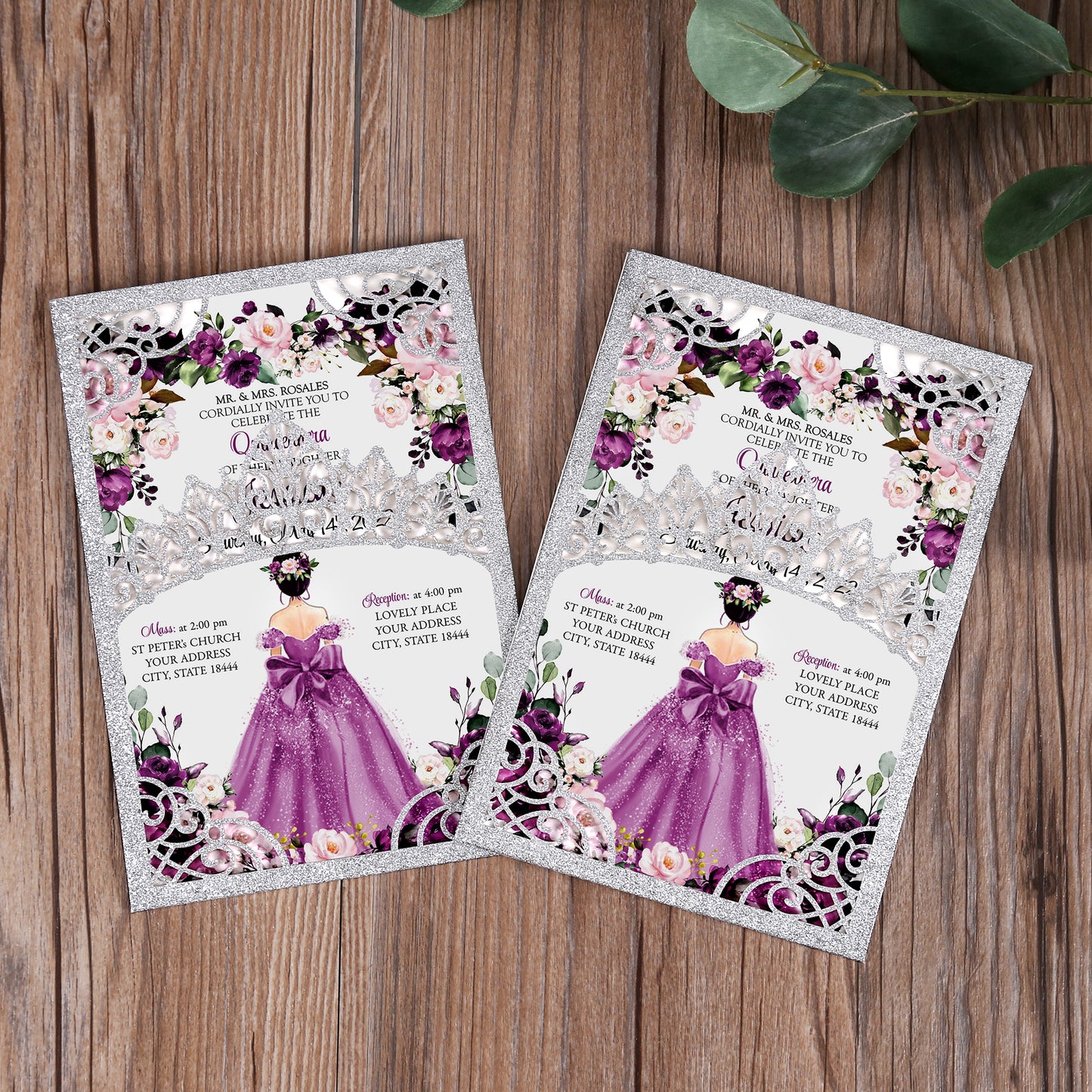 DreamBuilt Silver Glitter Invitations Purple Greeting Cards For Quinceanera