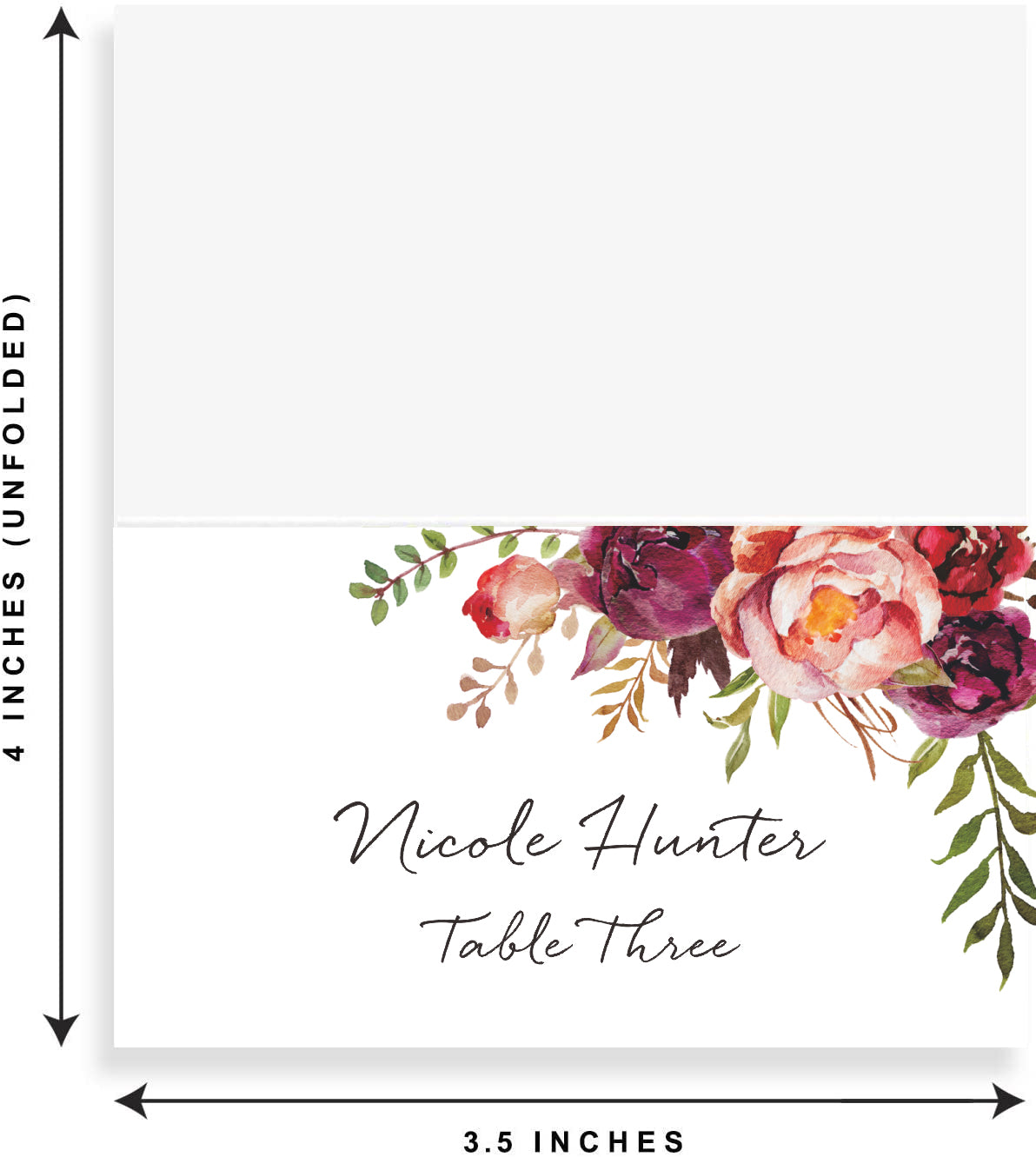 Floral Place Cards for Wedding or Party, Seating Place Cards for Tables, Scored for Easy Folding, Burgundy Flower Design, 2 x 3.5 Inches