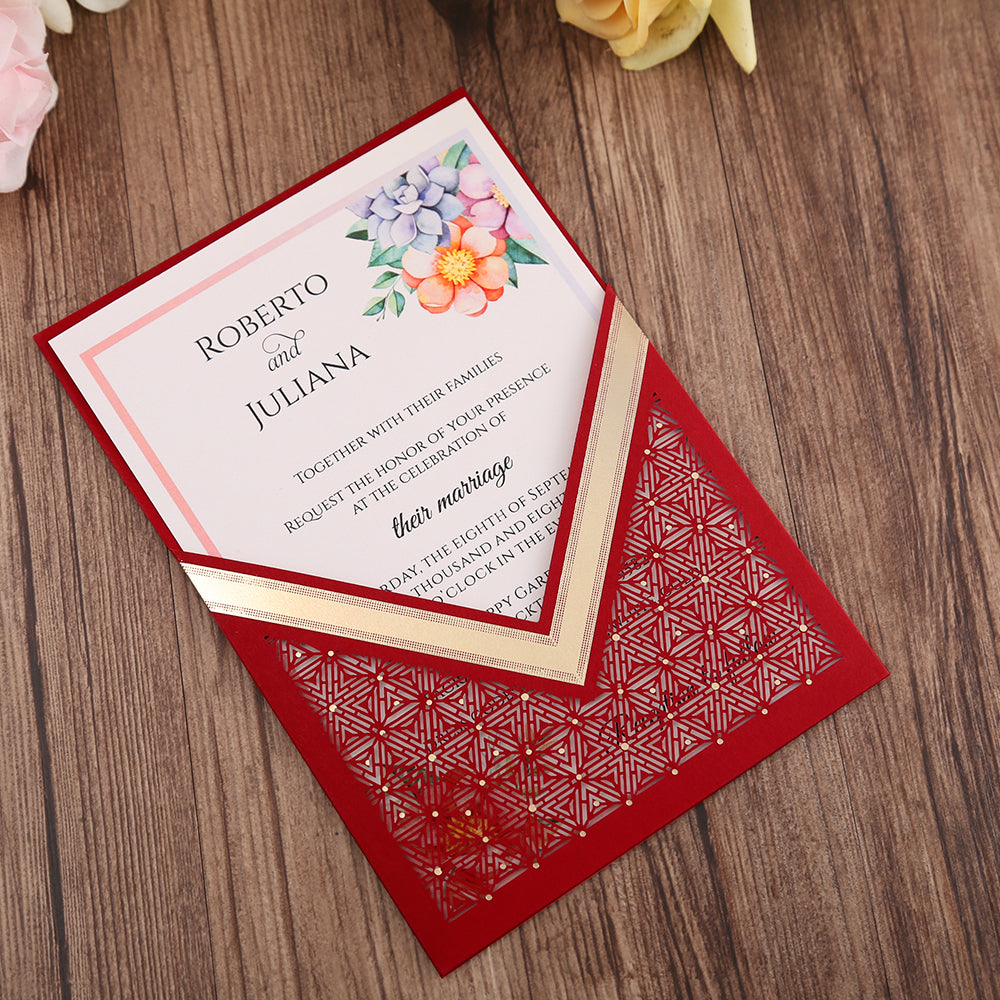 Red Floral Laser cut invitation cards for Wedding, Anniversary - DorisHome