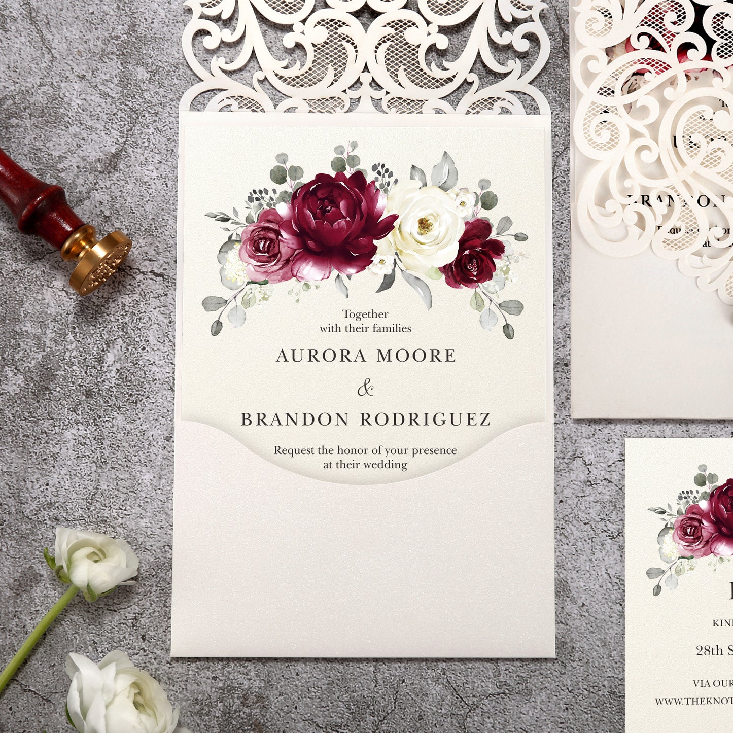 Vertical Burgundy Floral Laser cut invitations for Wedding Anniversary