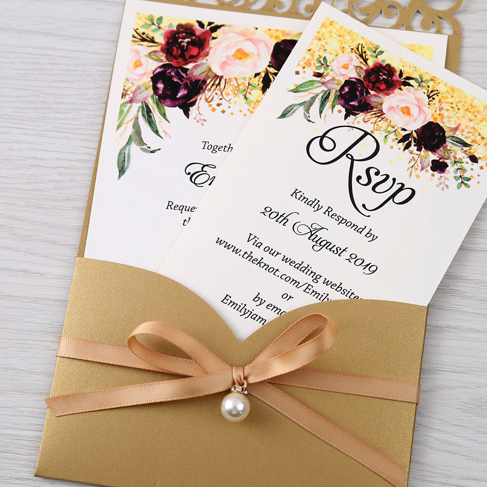 Gold Floral Laser Cut Invitation Card With Belly Band And Pearl For Wedding Anniversary - DorisHome