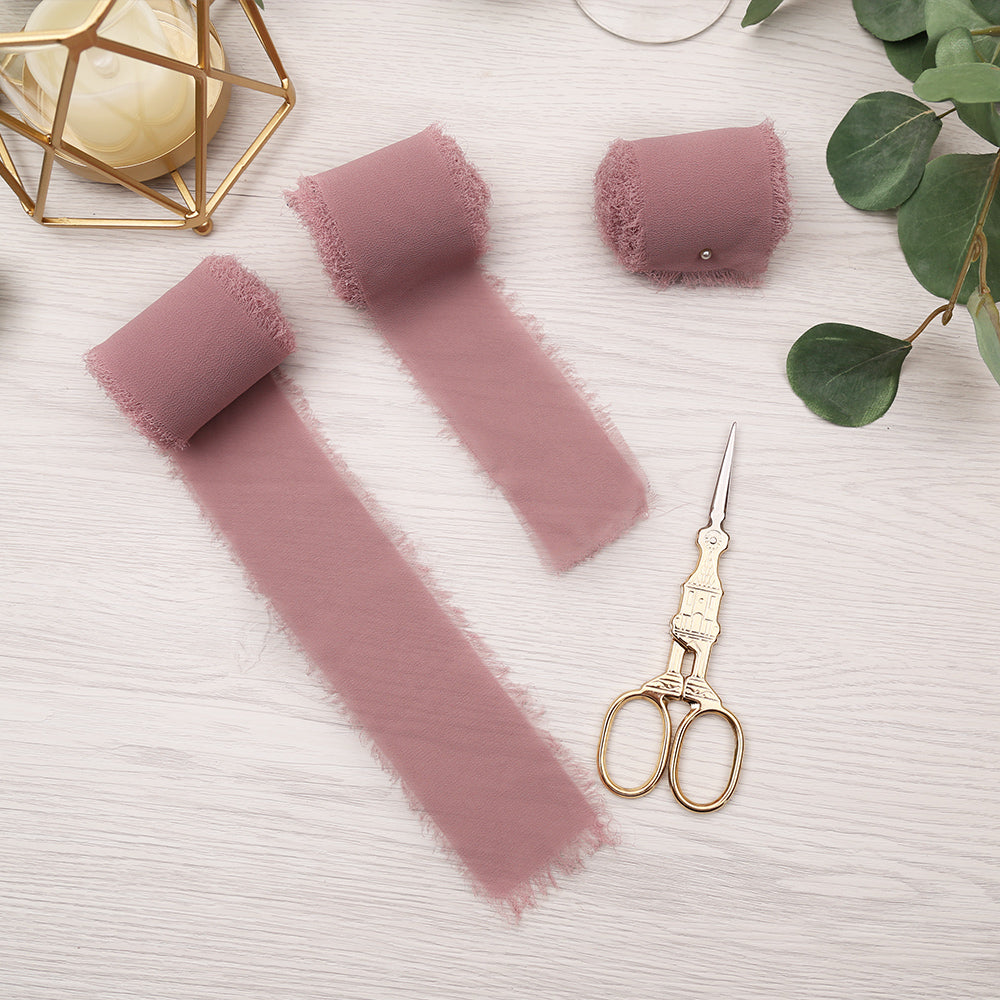 Handmade Fringe Chiffon Silk-Like Ribbon 2" x 7Yd Set of 3 Rolls Ribbons for Wedding Invitations, Bouquets, Gift Wrapping (3 Rolls Mauve) - DorisHome