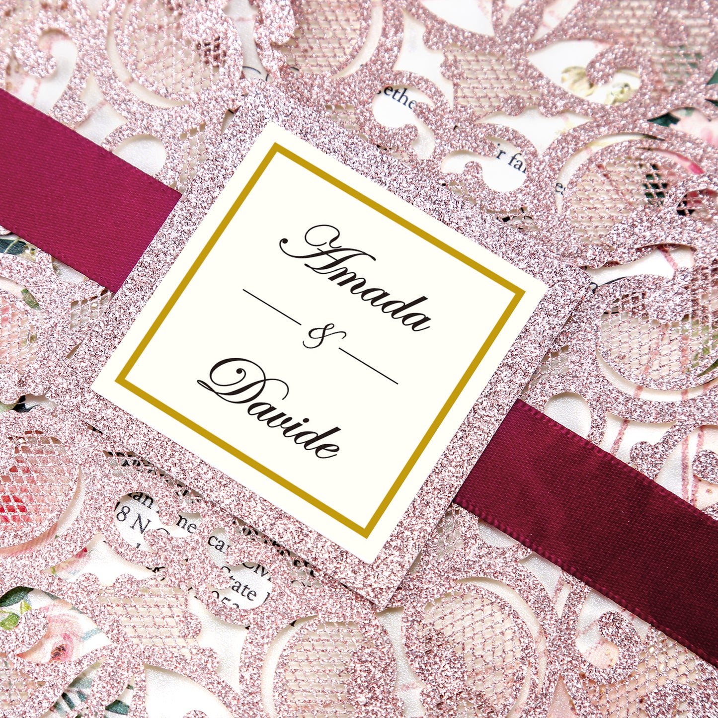 Square Rose Gold Glitter Wedding Invitations with Glitter Belly Band for Wedding - DorisHome