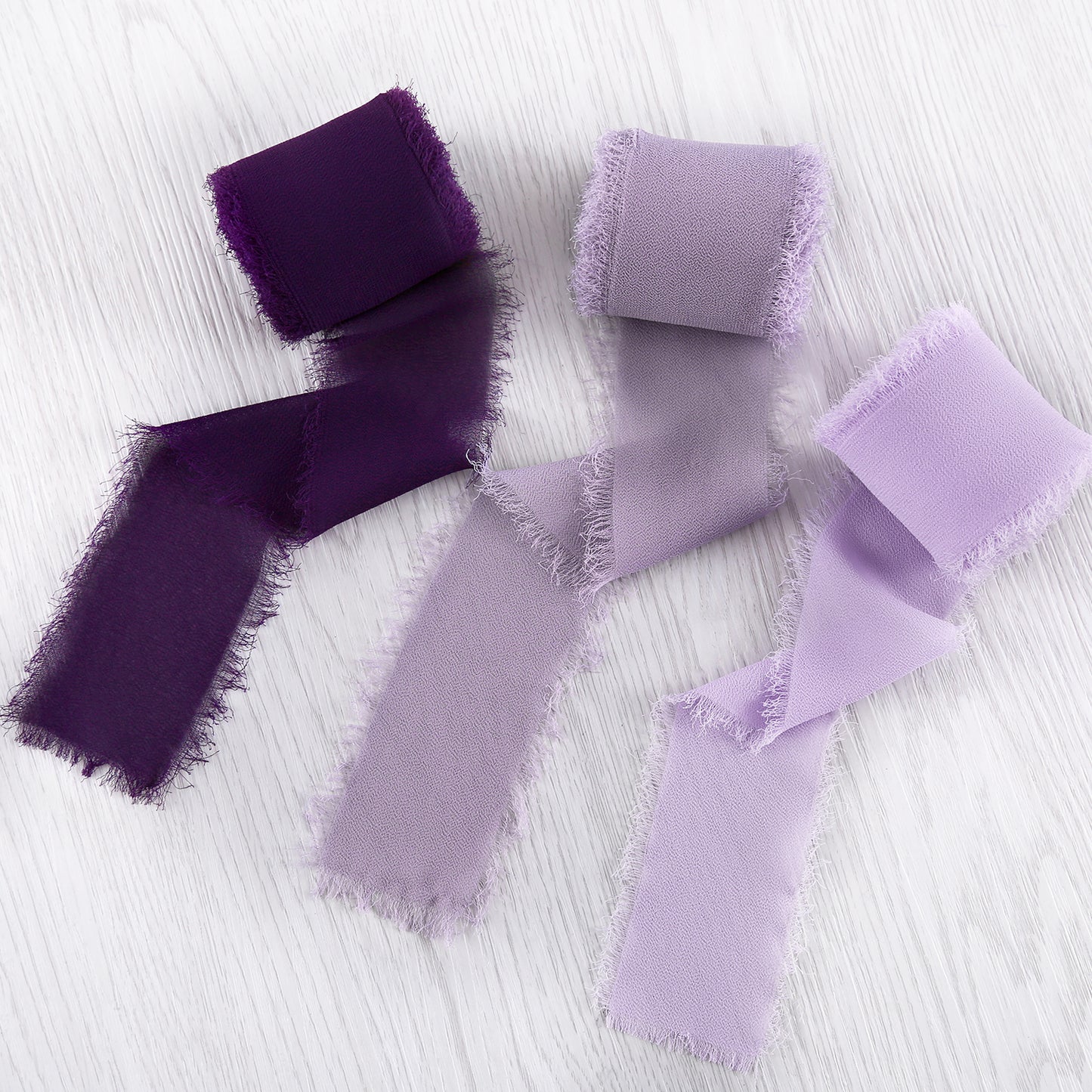 Handmade Fringe Chiffon Silk-Like Ribbon 2" x 7Yd Set of 3 Rolls Ribbons for Wedding Invitations, Bouquets, Gift Wrapping (3 Rolls Plum/Pastel Purple/Lavender)