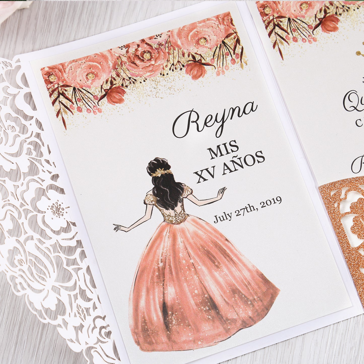 4.7 x7 inch Bronze Glitter Laser Cut Hollow Rose Quinceanera Invitations Cards with Envelopes