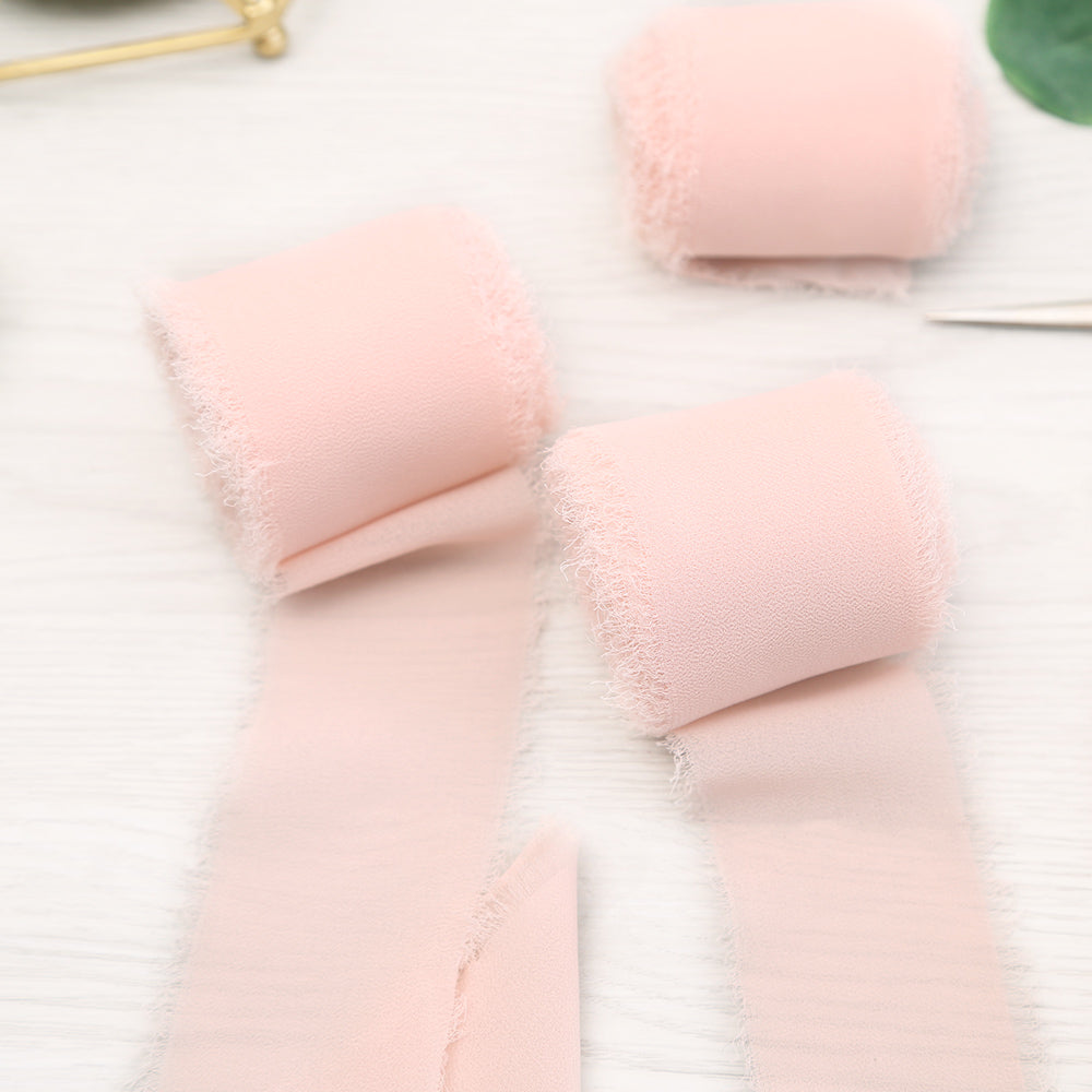 Handmade Fringe Chiffon Silk-Like Ribbon 2" x 7Yd Set of 3 Rolls Ribbons for Wedding Invitations, Bouquets, Gift Wrapping (3 Rolls Pink) - DorisHome