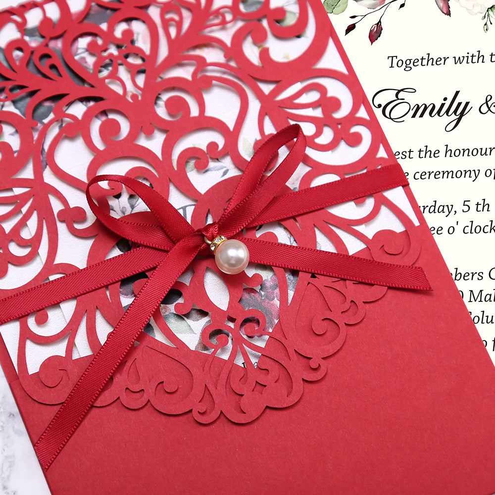 DreamBuilt Red Floral Laser cut invitation cards with ribbon belly band and pearl for Wedding