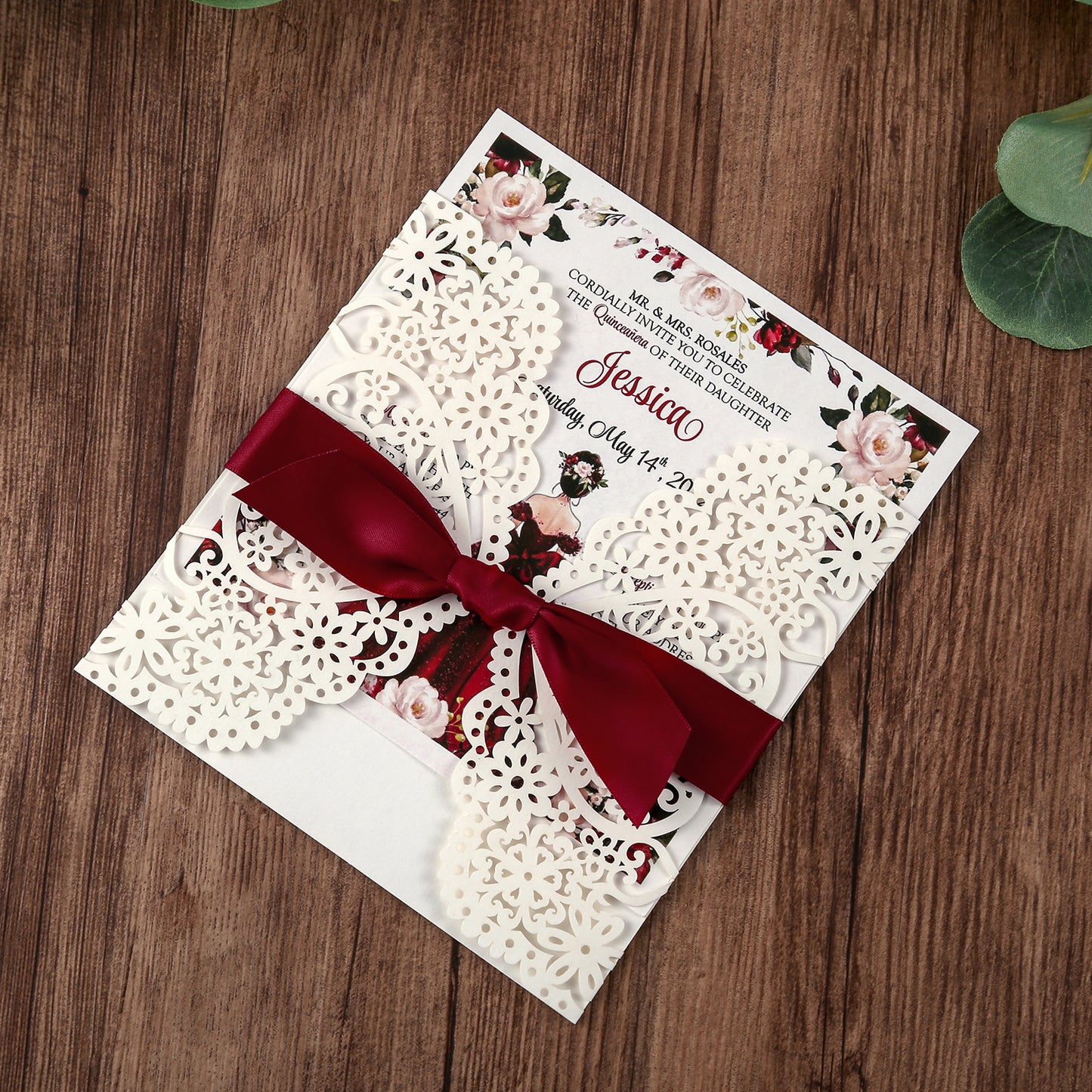 Square Invitations Cards With Burgundy Ribbon For Quinceanera - DorisHome