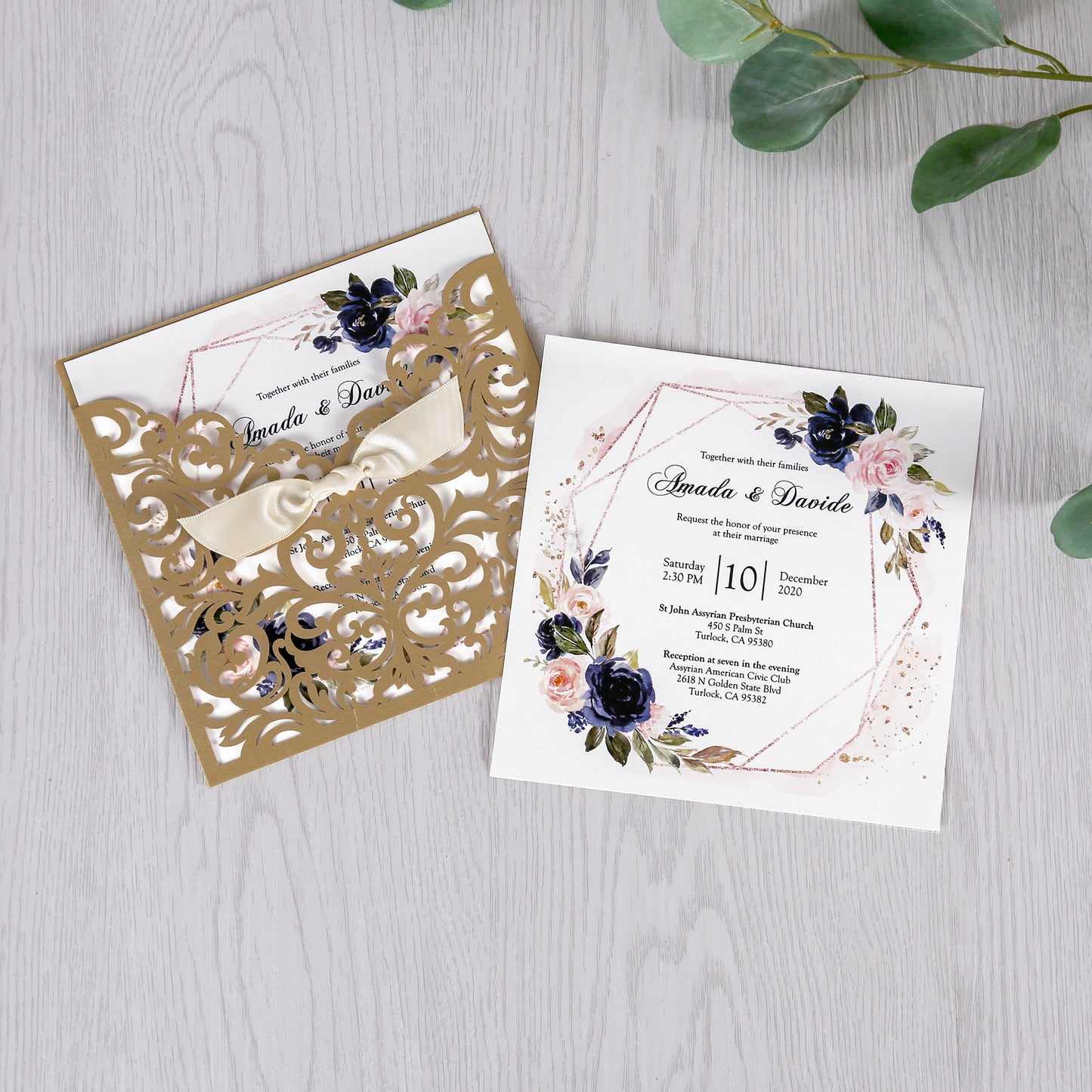 Gold Laser Cut Beige Ribbon Wedding Invitation