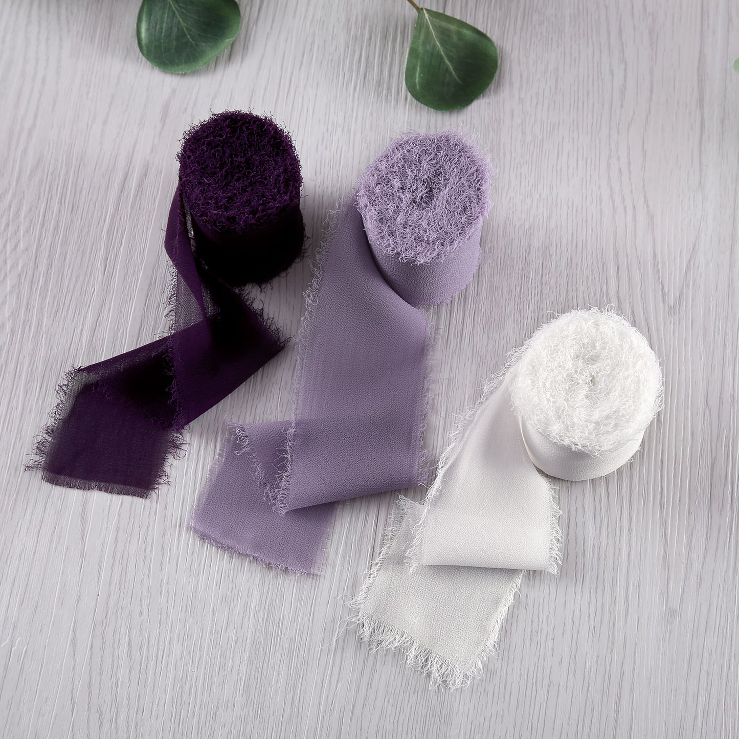 Handmade Fringe Chiffon Silk-Like Ribbon 2" x 7Yd Set of 3 Rolls Ribbons for Wedding Invitations, Bouquets, Gift Wrapping (3 Rolls Plum/Pastel Purple/Ivory)