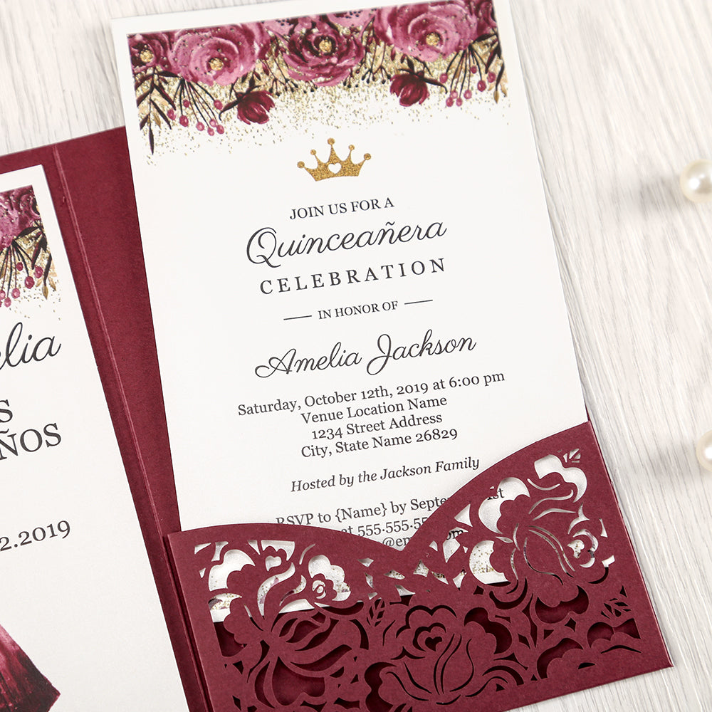 Burgundy Floral Laser cut invitation cards for Quinceanera - DorisHome