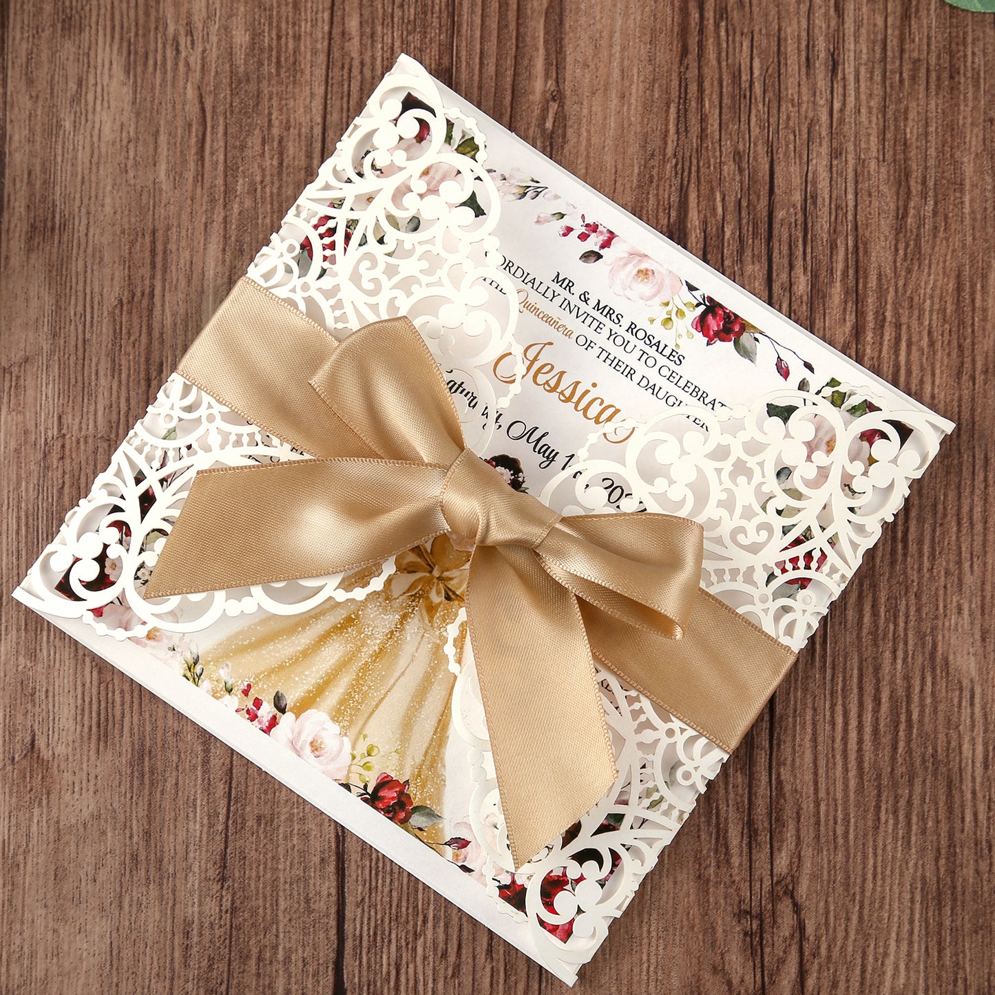 Square Wedding Invitations Cards with Gold Ribbon For Quinceanera - DorisHome