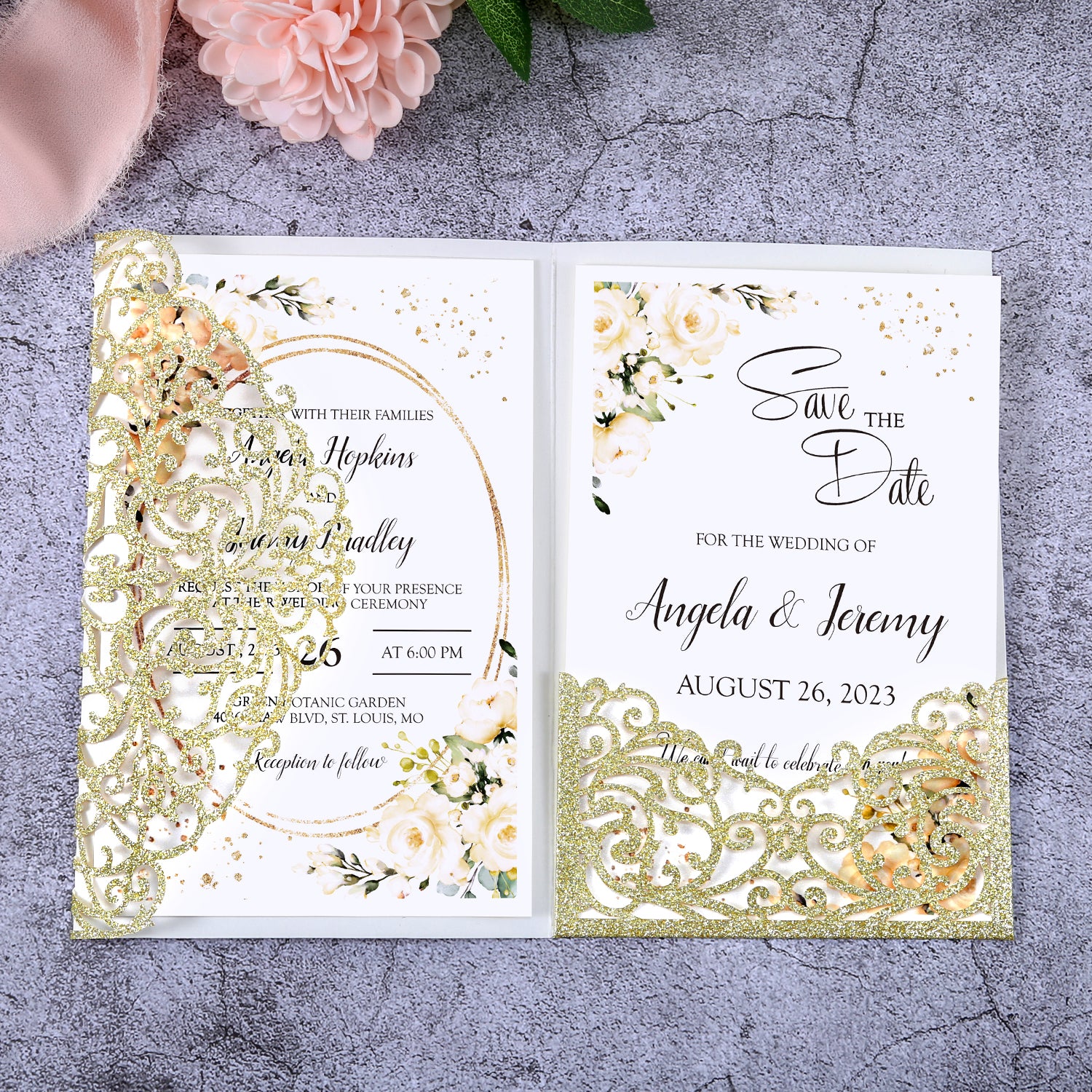 4.7 x7 inch Gold Glitter Laser Cut Hollow Rose Wedding Invitations Cards with Glitter Pockets and Envelopes for Wedding Party - DorisHome