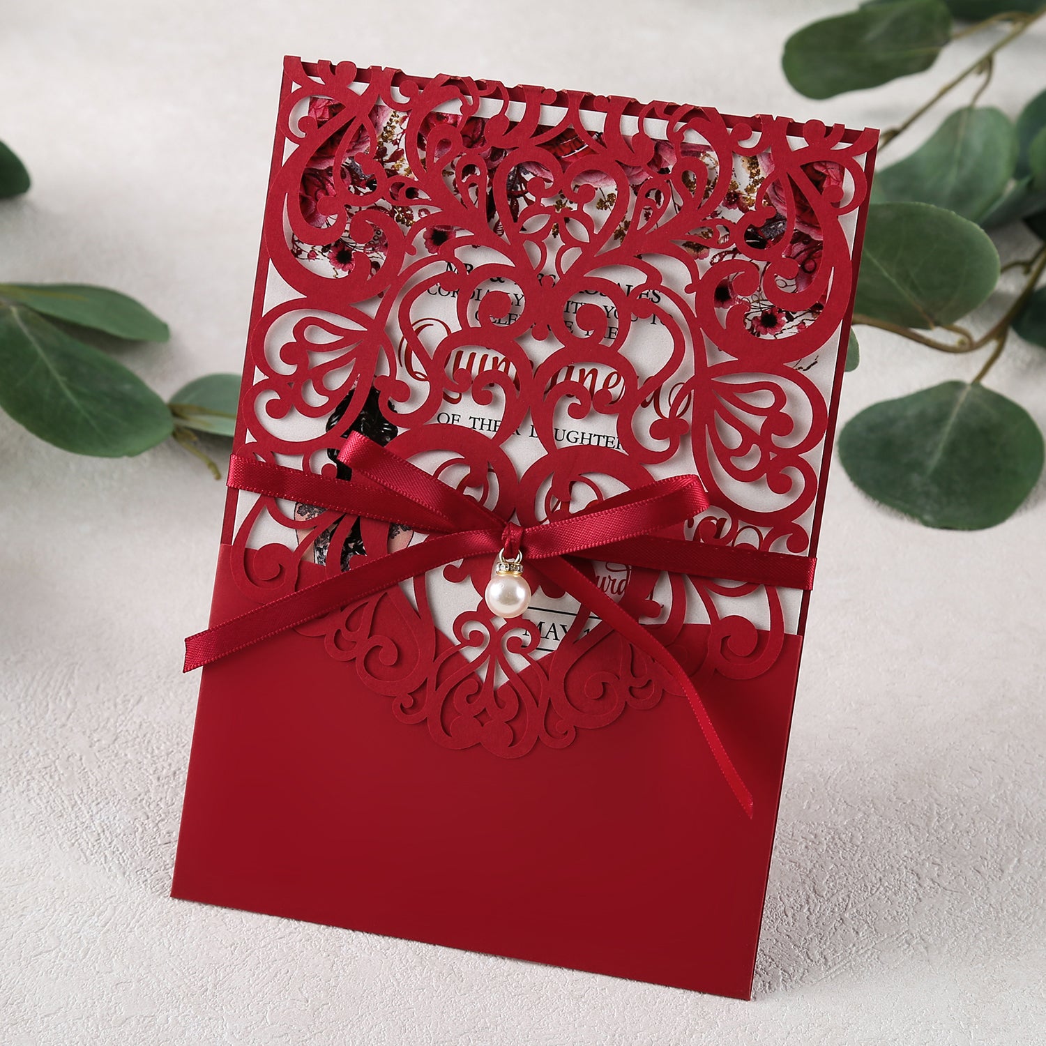 Red Floral Laser cut invitation cards with ribbon belly band and pearl for Quinceanera - DorisHome