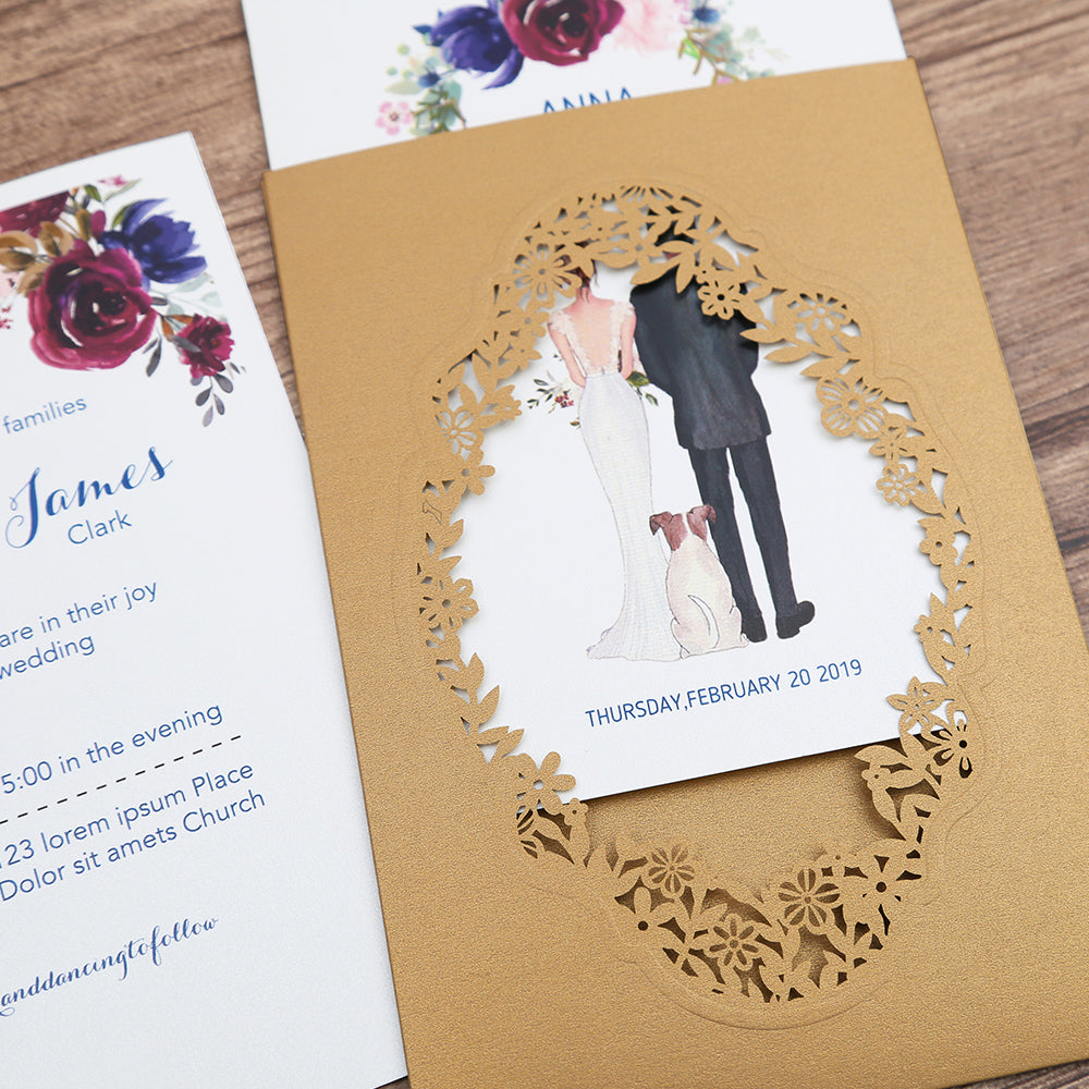 Pocket Gold Wedding Invitations Greeting Cards - DorisHome