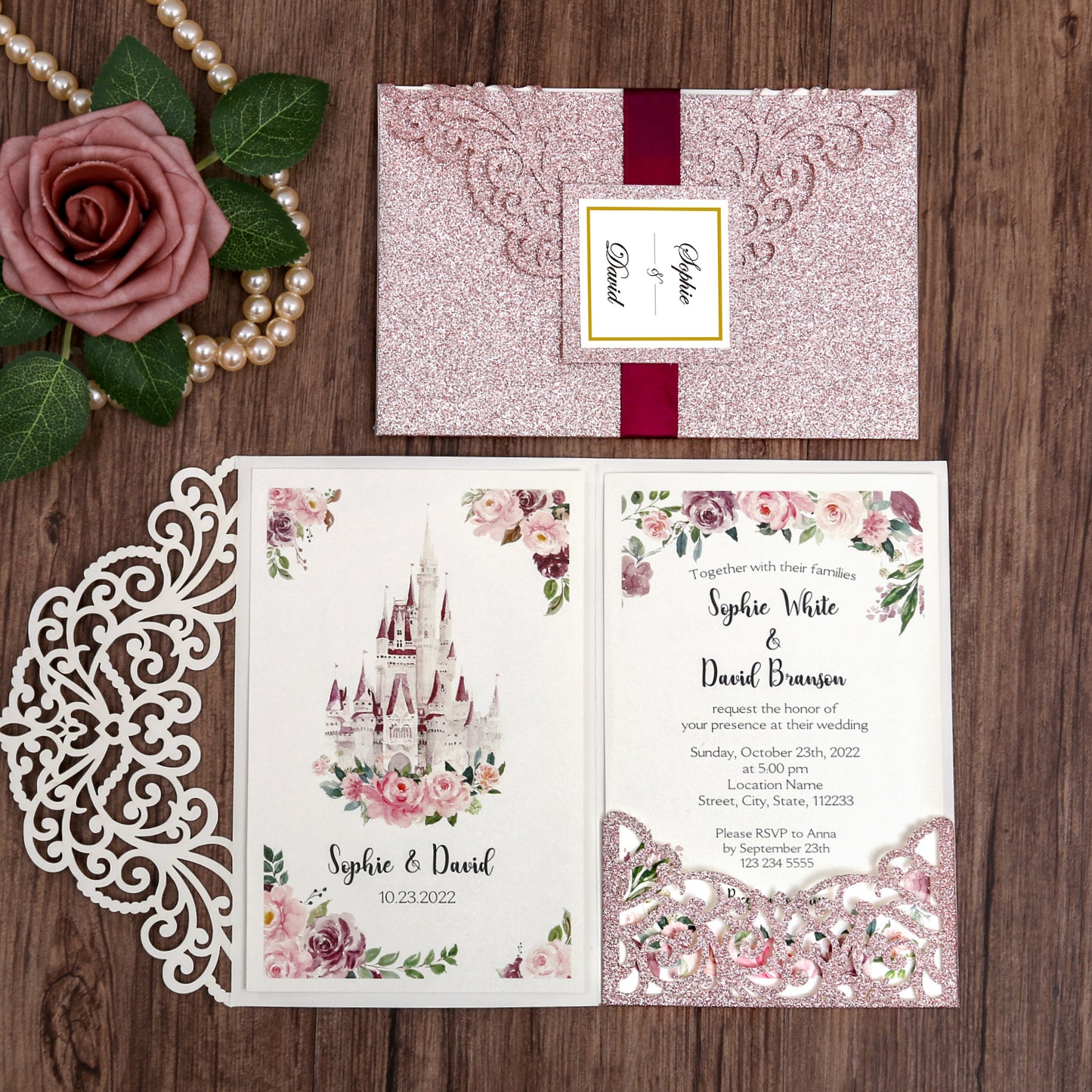 DreamBuilt 4.7 x7 inch Rose Gold Glitter Laser Cut Wedding Invitations With Envelopes Kit Hollow Rose Pocket And Burgundy Ribbon Belly Band for Wedding Bridal Shower Engagement Invite