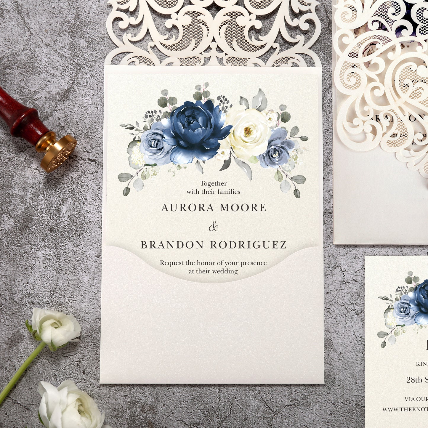 Vertical Blue Floral Laser cut invitations for Wedding Anniversary