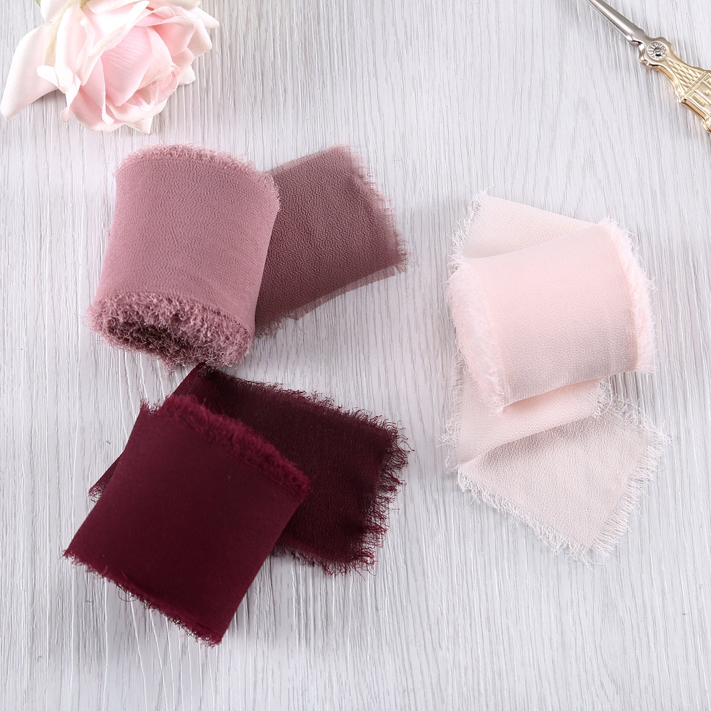 Handmade Fringe Chiffon Silk-Like Ribbon 2" x 7Yd Set of 3 Rolls Ribbons for Wedding Invitations, Bouquets, Gift Wrapping (3 Rolls Burgundy/Mauve/Pink)
