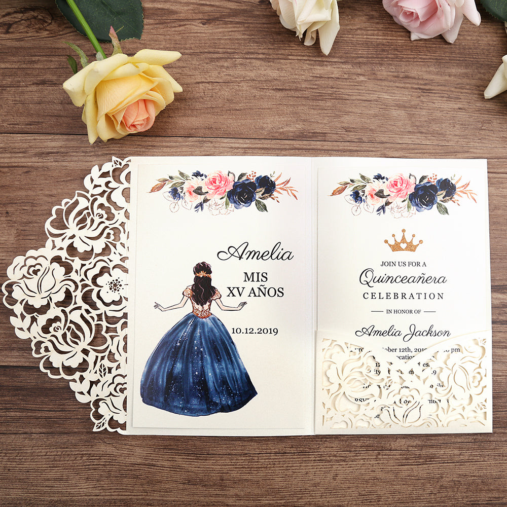 White Floral Laser cut invitation cards for Quinceanera - DorisHome