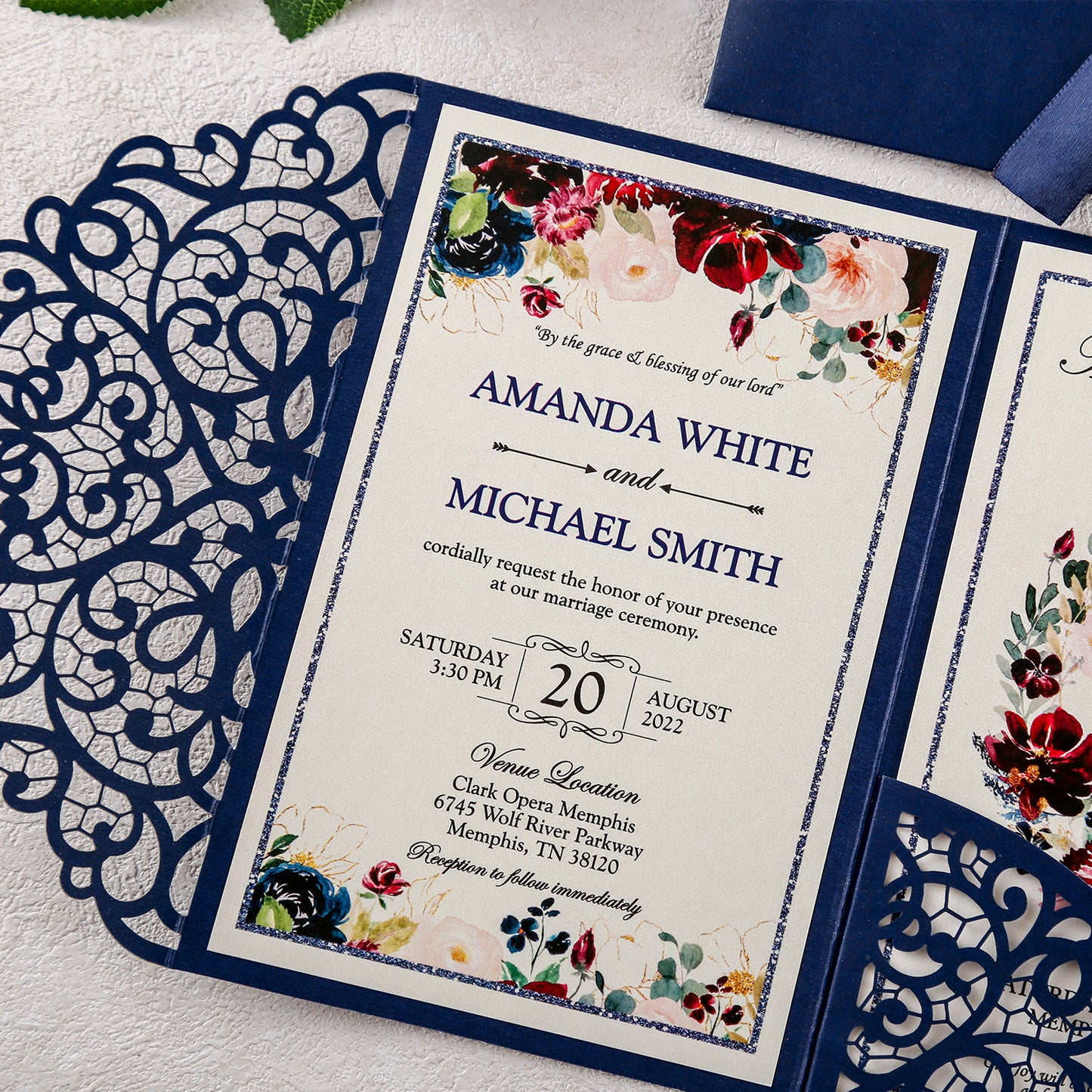 4.7 x7 inch Blue Laser Cut Hollow Rose Wedding Invitations Cards with Envelopes for Wedding Party