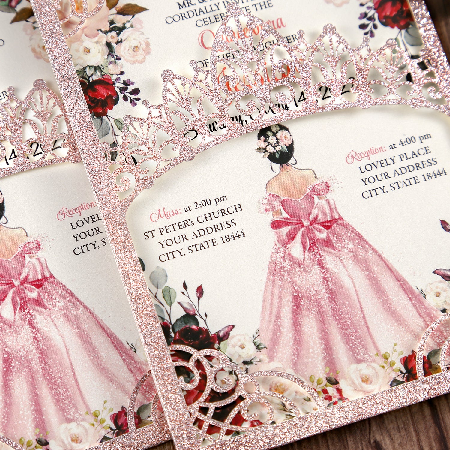 Rose Gold Glitter Invitations Greeting Cards For Quinceanera - DorisHome