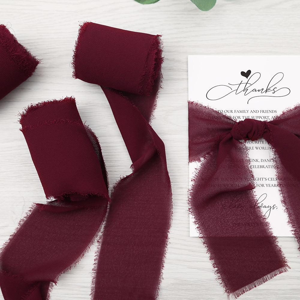 Handmade Fringe Chiffon Silk-Like Ribbon 2" x 7Yd Set of 3 Rolls Ribbons for Wedding Invitations, Bouquets, Gift Wrapping (3 Rolls Burgundy) - DorisHome