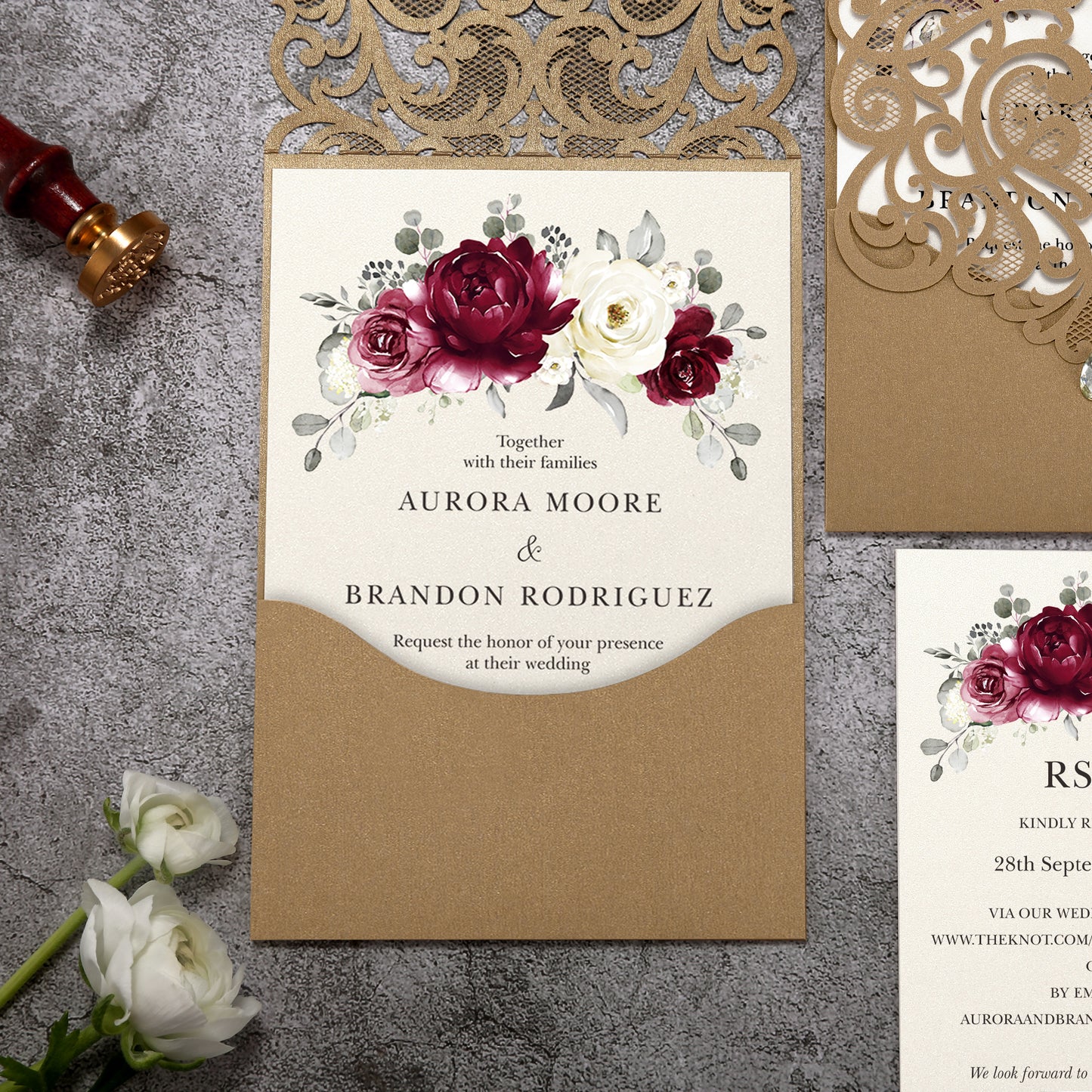 Vertical Burgundy Floral Laser cut invitations for Wedding Anniversary