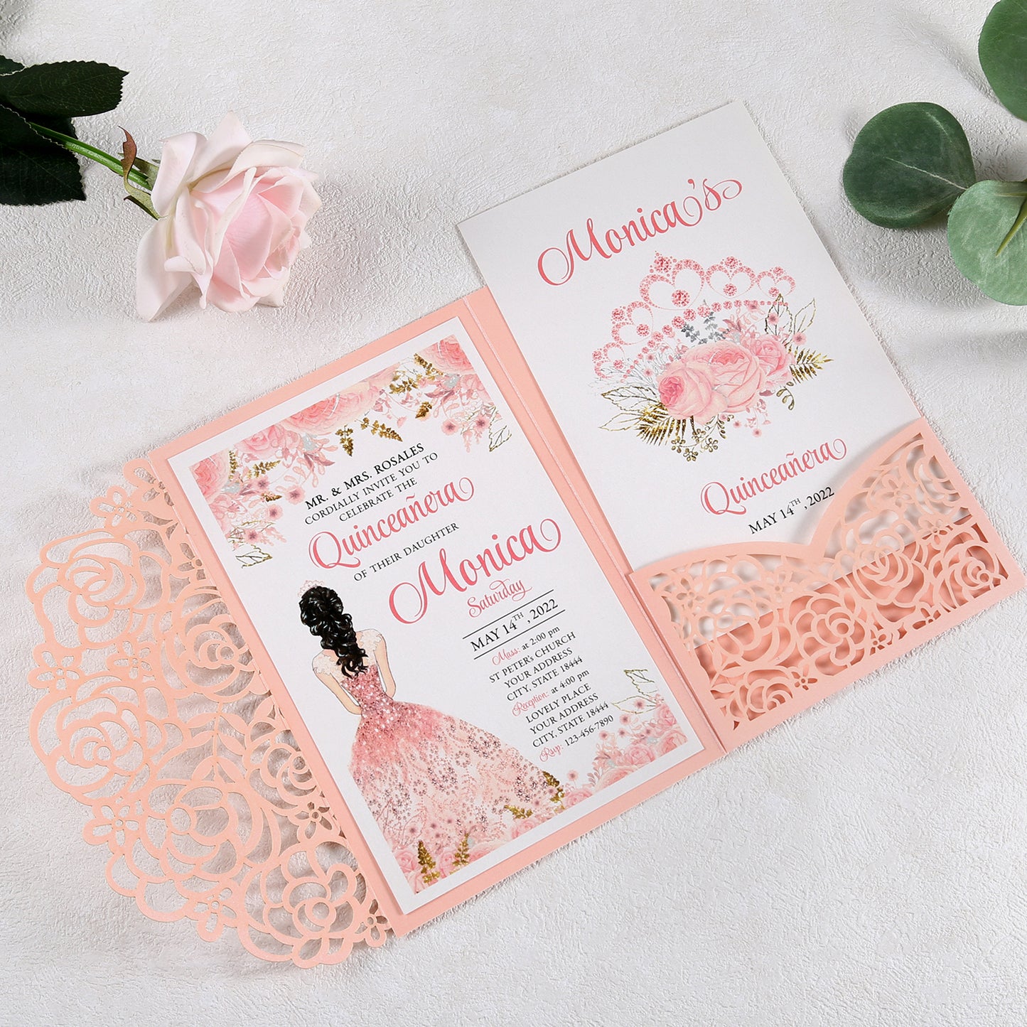 4.7 x7 inch Pink Laser Cut Hollow Rose Wedding Invitations Cards with Pearlized Pockets and Envelopes for Wedding Bridal Shower - DorisHome
