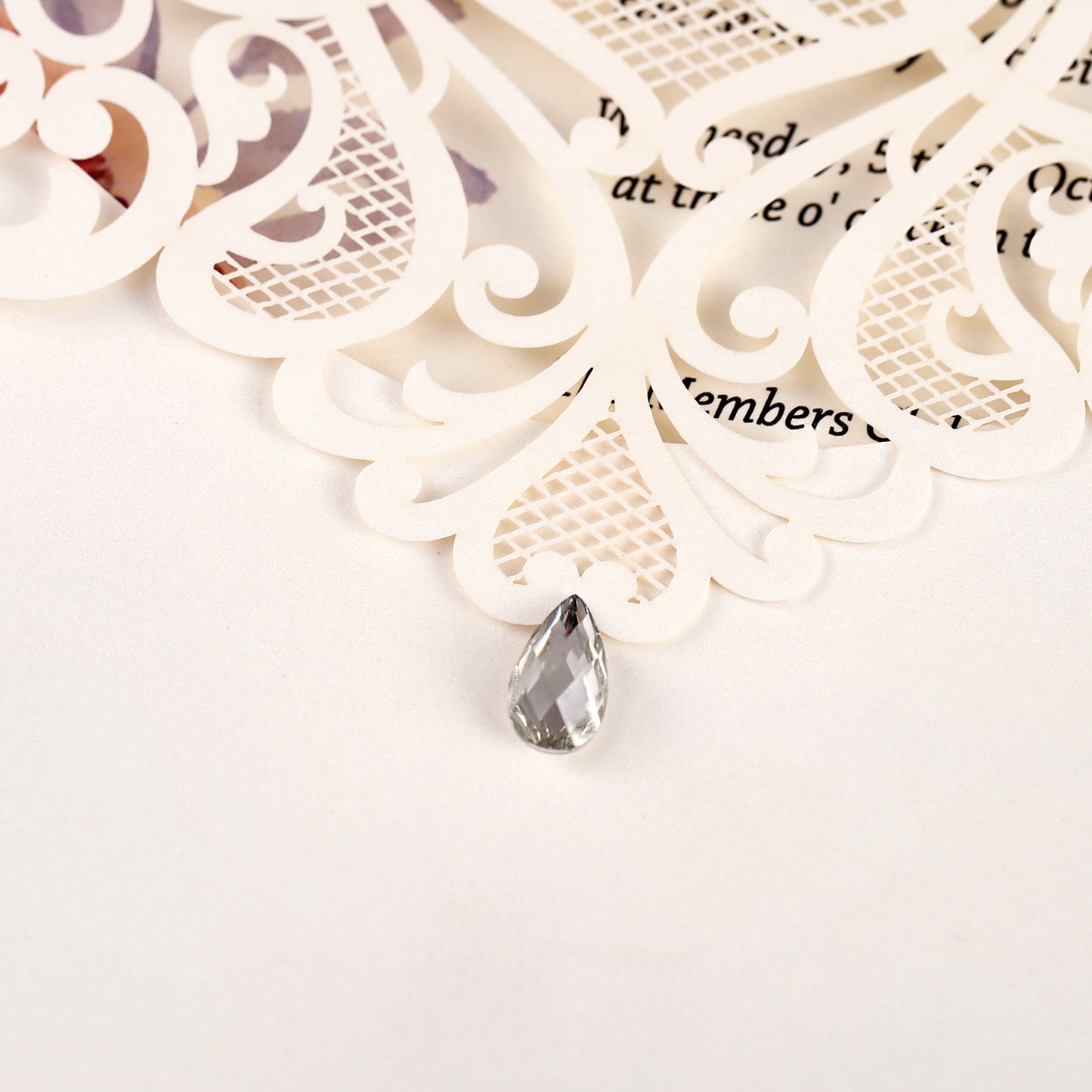 Vertical Ivory White Wedding Invitation With Rhinestone & Laser Cut Flower