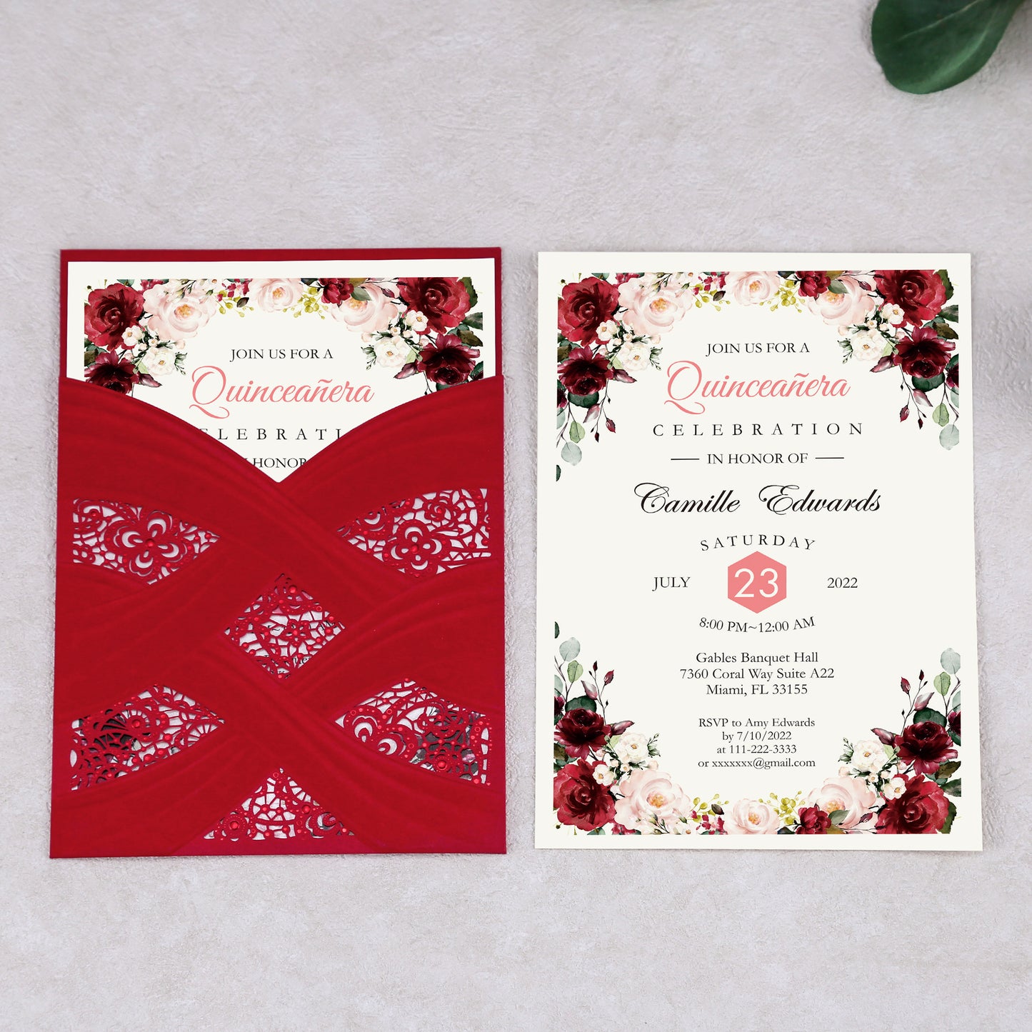 Red Vertical Laser Cut Invitation Cards for Quinceanera / Sweet 16
