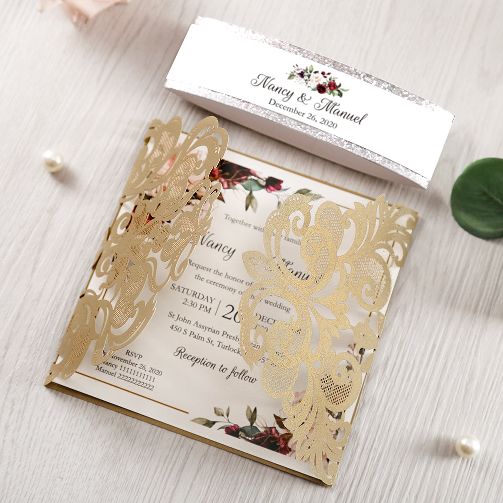 Square Gold Wedding Invitations with Belly Band for Wedding, Bridal Shower, Dinner - DorisHome