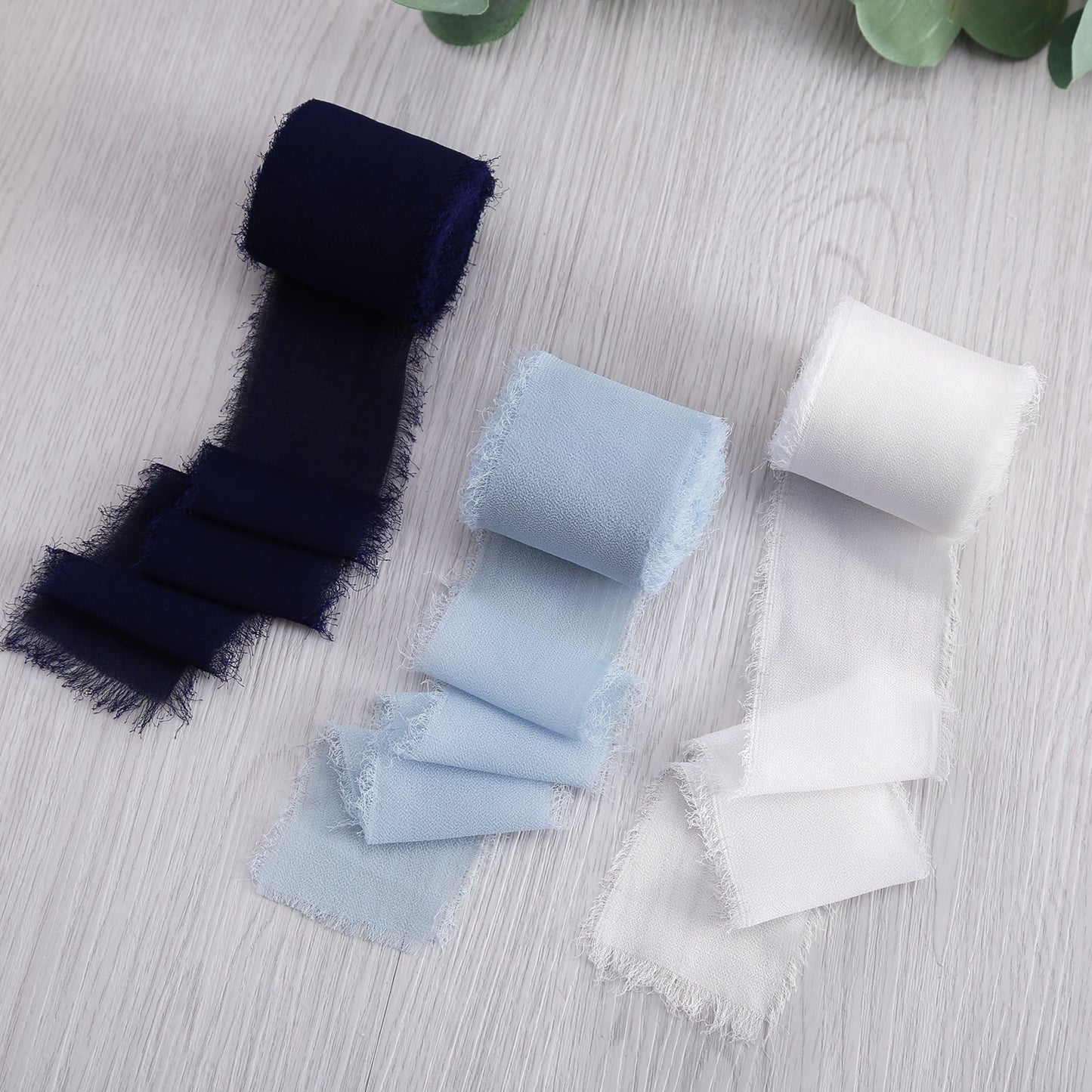 Handmade Fringe Chiffon Silk-Like Ribbon 2" x 7Yd Set of 3 Rolls Ribbons for Wedding Invitations, Bouquets, Gift Wrapping (3 Rolls Dark Navy Blue/Baby Blue/Ivory)