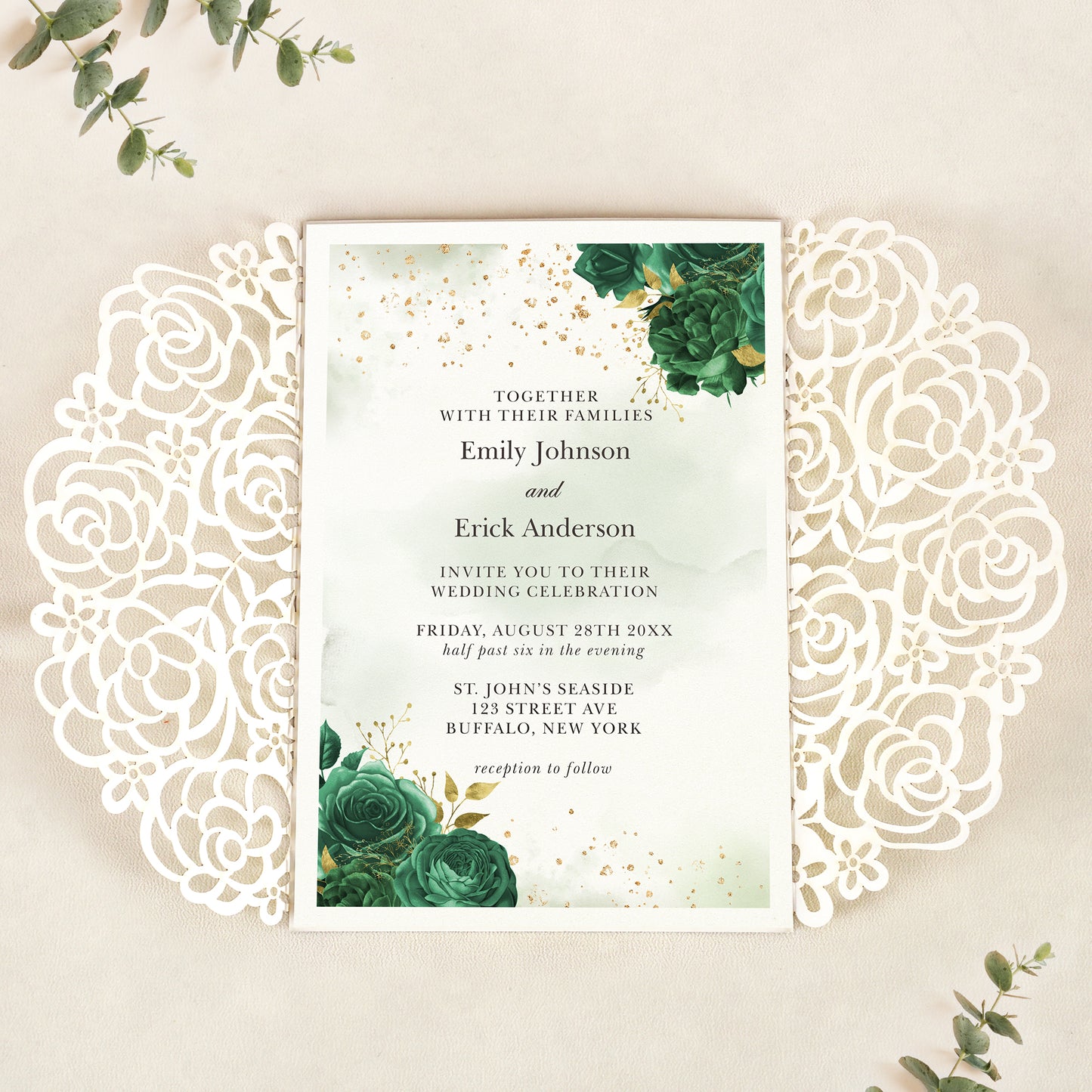Gold Glitter Floral Laser cut invitation cards with Emerald Green Ribbon and Pearl for Wedding Anniversary