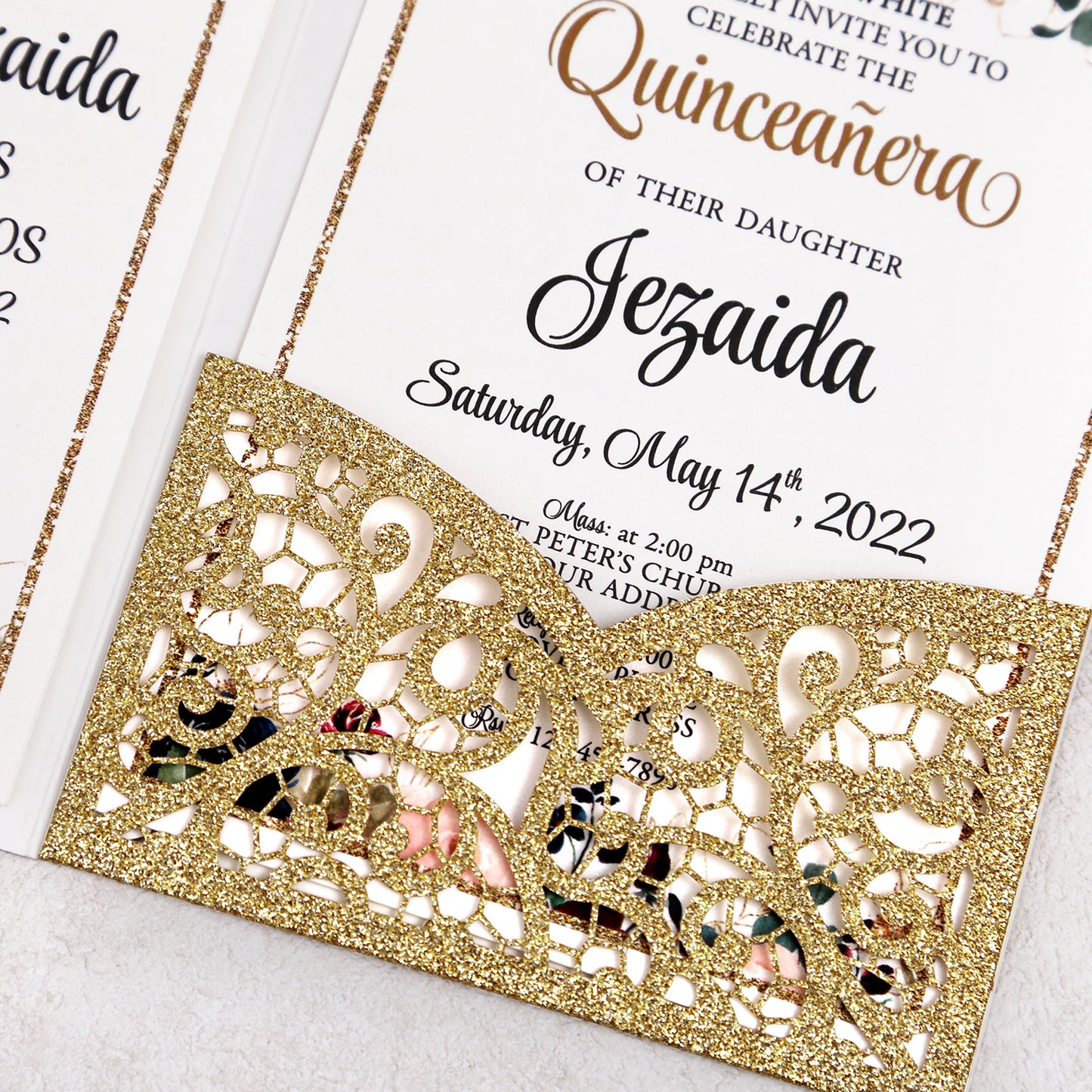 4.7 x7 inch Gold Glitter Laser Cut Hollow Rose Quinceanera Invitations Cards with Envelopes for Quinceanera Party