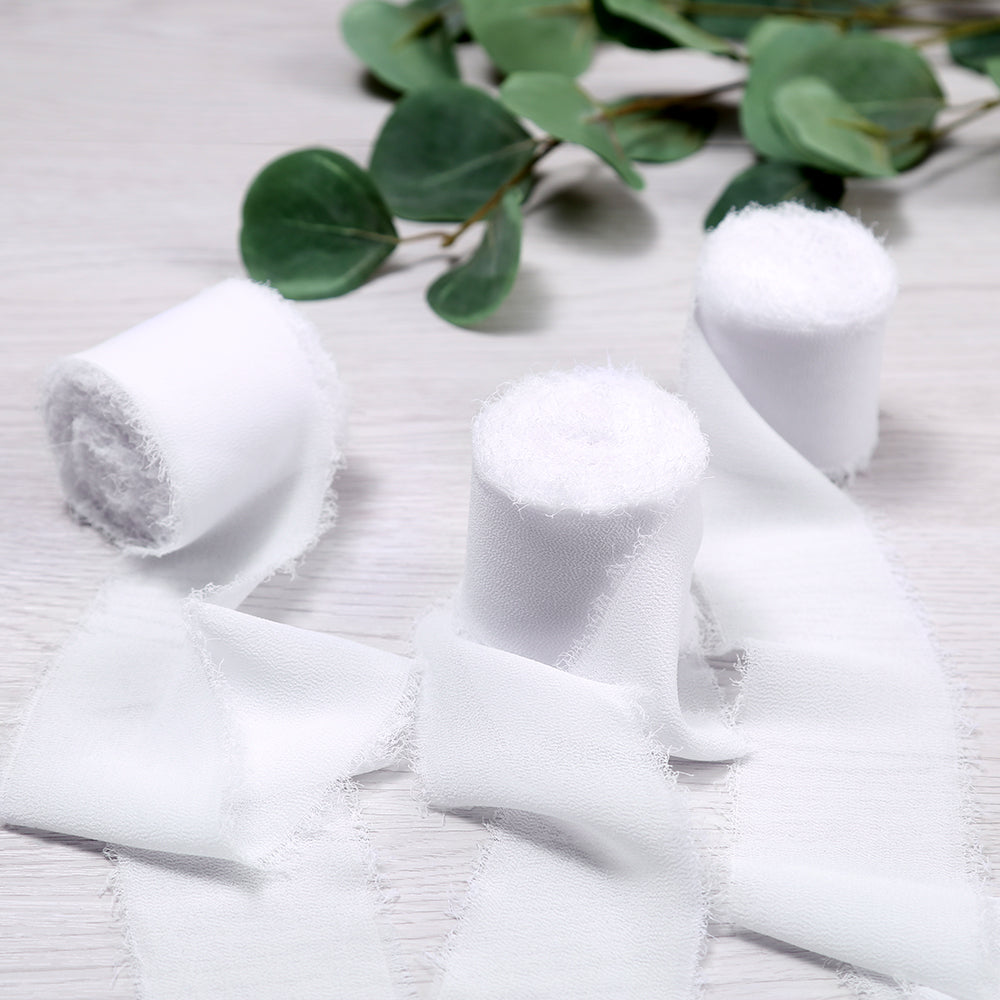 Handmade Fringe Chiffon Silk-Like Ribbon 2" x 7Yd Set of 3 Rolls Ribbons for Wedding Invitations, Bouquets, Gift Wrapping (3 Rolls White) - DorisHome
