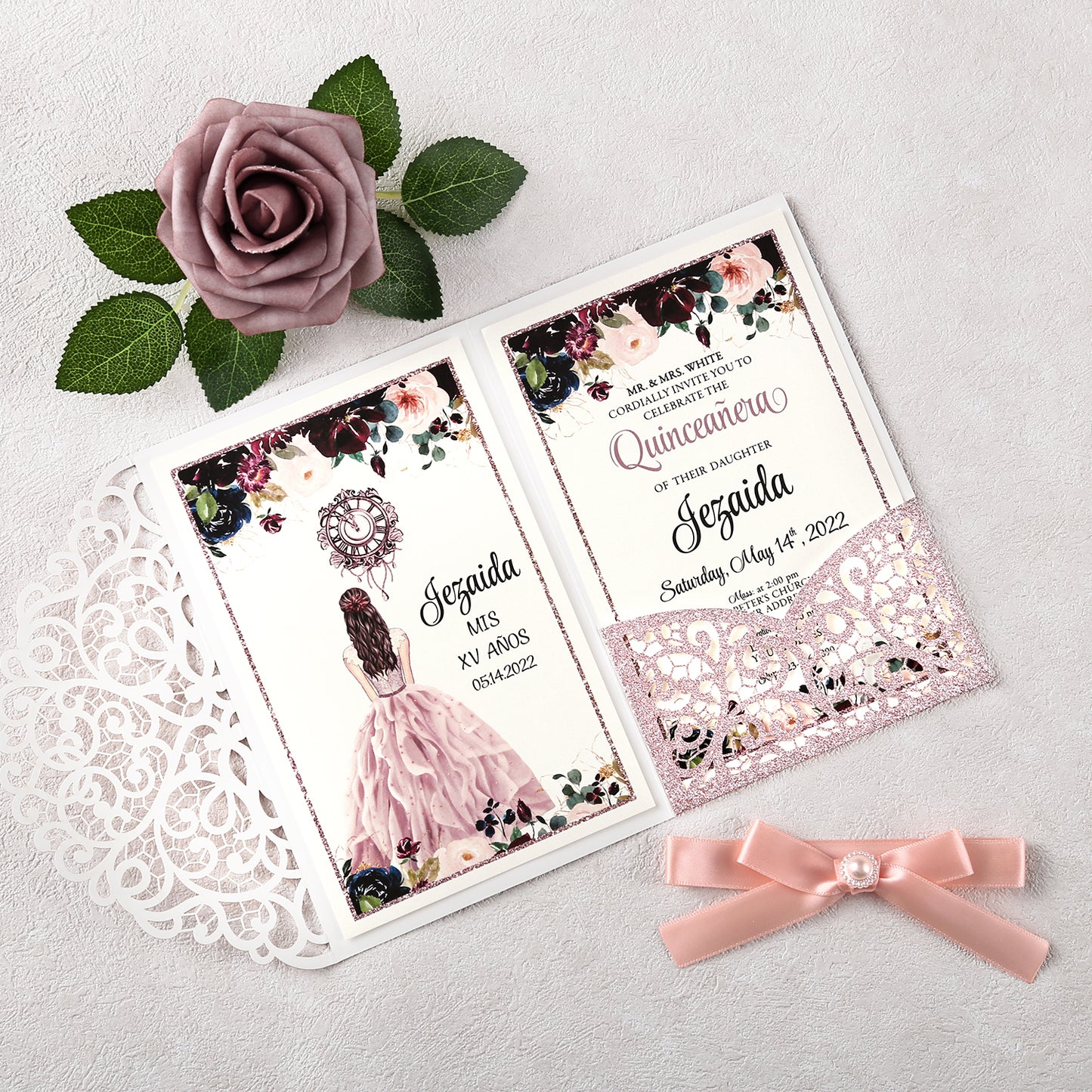 4.7 x7 inch Rose Gold Glitter Laser Cut Hollow Rose Quinceanera Invitations Cards with Envelopes for Quinceanera Party