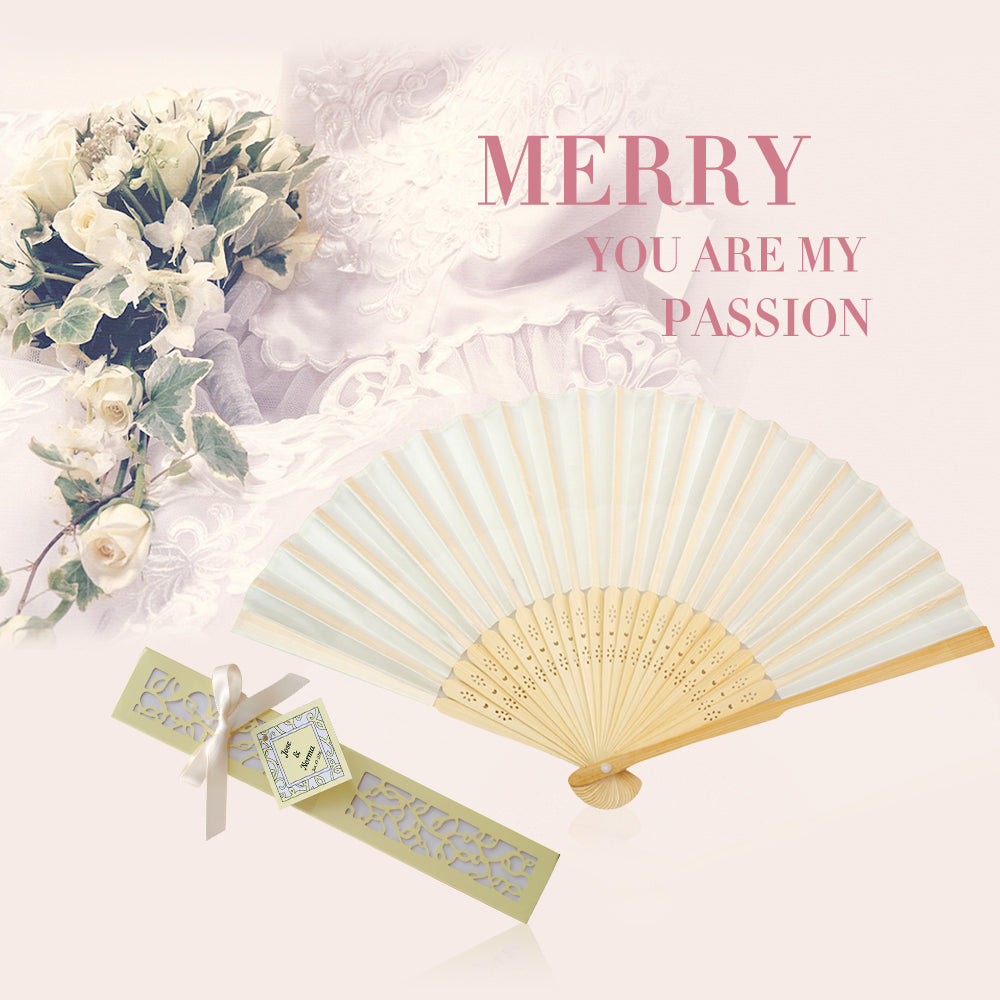 50pcs Satin Silk Folding Hand Held Bamboo Fans with Names for Summer Wedding Favor, Ivory - DorisHome