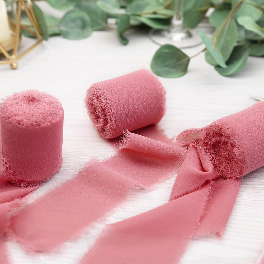 Handmade Fringe Chiffon Silk-Like Ribbon 2" x 7Yd Set of 3 Rolls Ribbons for Wedding Invitations, Bouquets, Gift Wrapping (3 Rolls Dusty Rose) - DorisHome