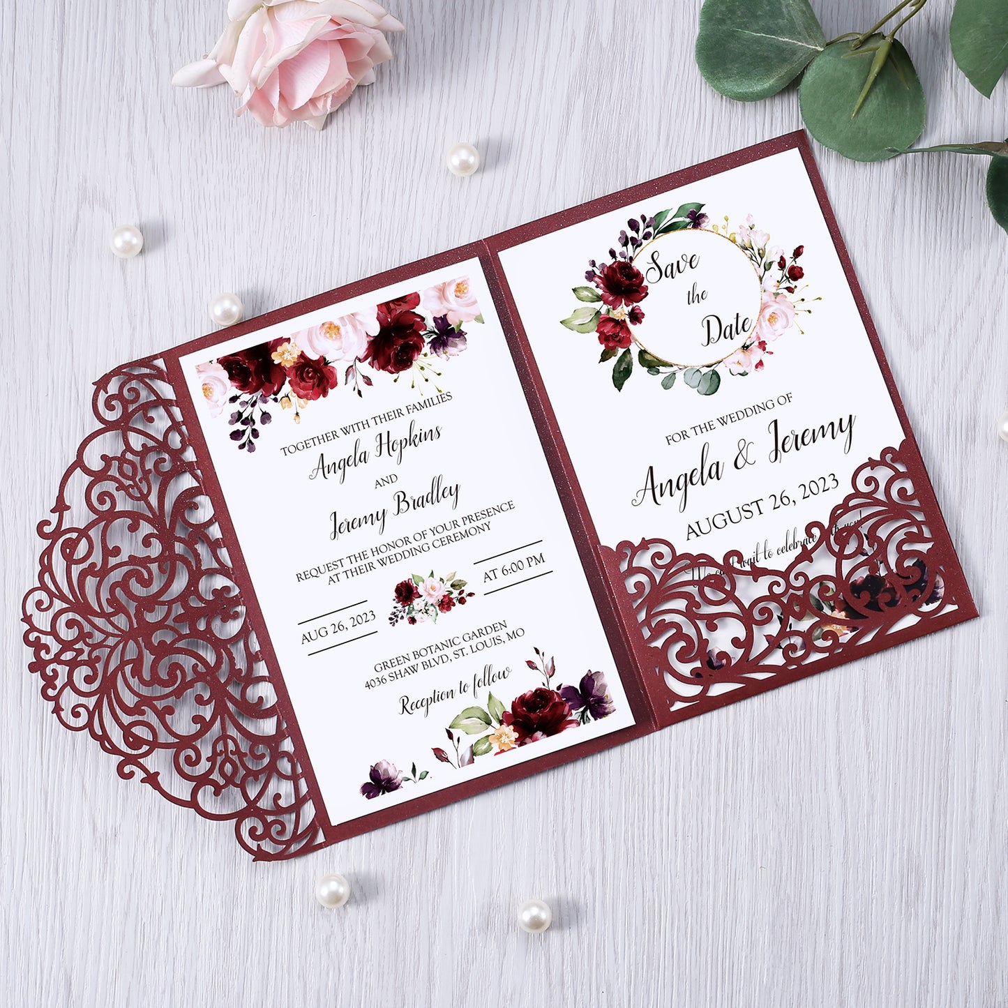 4.7 x7 inch Burgundy Laser Cut Hollow Rose Wedding Invitations Cards with Envelopes for Wedding Party - DorisHome