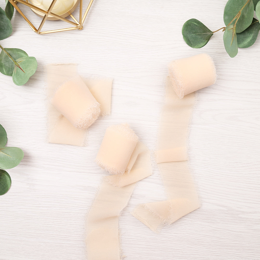 Handmade Fringe Chiffon Silk-Like Ribbon 2" x 7Yd Set of 3 Rolls Ribbons for Wedding Invitations, Bouquets, Gift Wrapping (3 Rolls Cream) - DorisHome