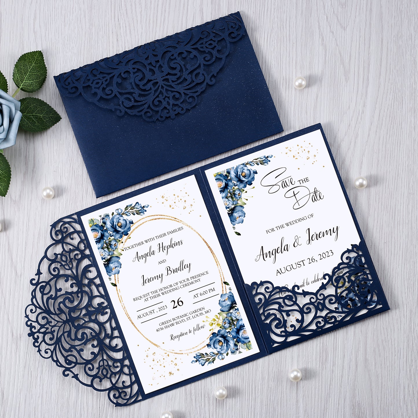4.7 x7 inch Blue Laser Cut Hollow Rose Wedding Invitations Cards with Envelopes for Wedding Party - DorisHome