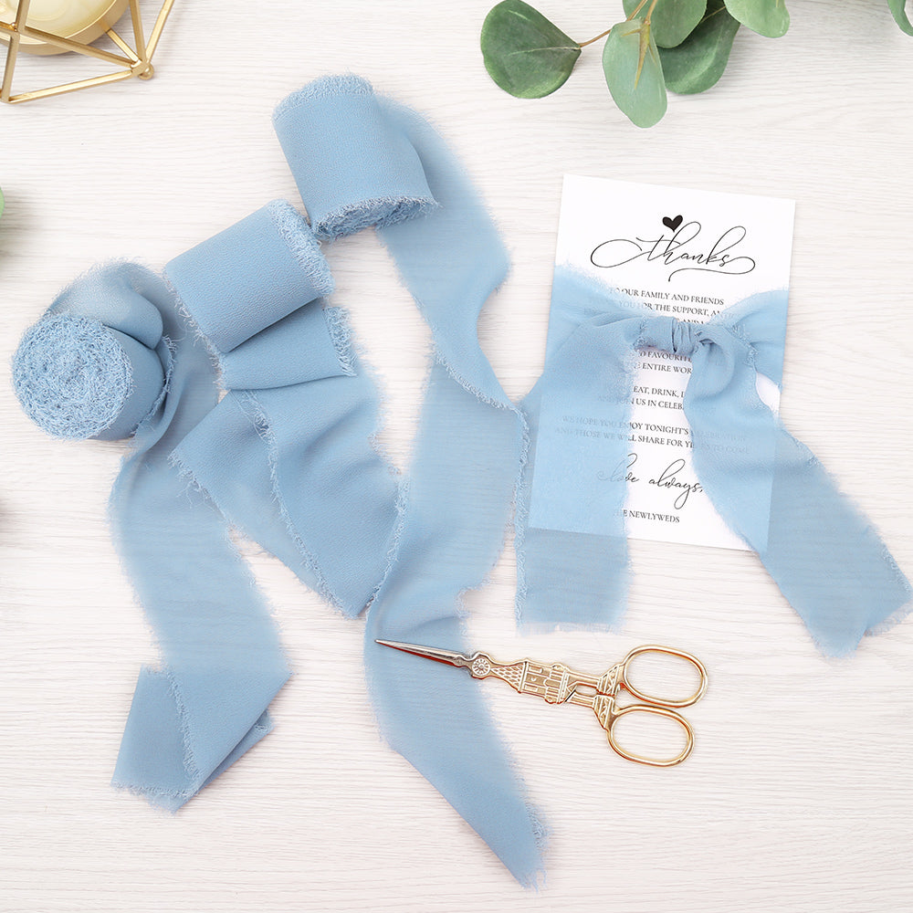 Handmade Fringe Chiffon Silk-Like Ribbon 2" x 7Yd Set of 3 Rolls Ribbons for Wedding Invitations, Bouquets, Gift Wrapping (3 Rolls Dusty Blue) - DorisHome