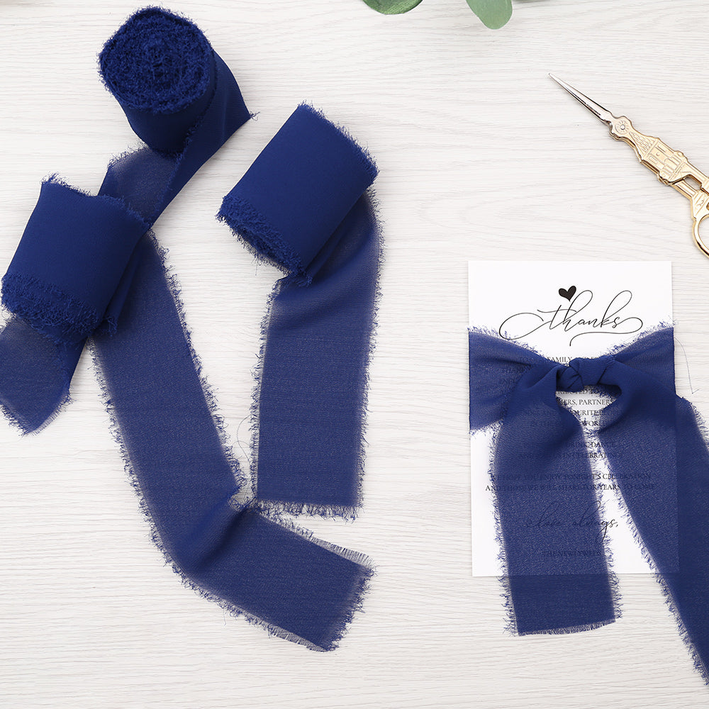 Handmade Fringe Chiffon Silk-Like Ribbon 2" x 7Yd Set of 3 Rolls Ribbons for Wedding Invitations, Bouquets, Gift Wrapping (3 Rolls Navy Blue) - DorisHome