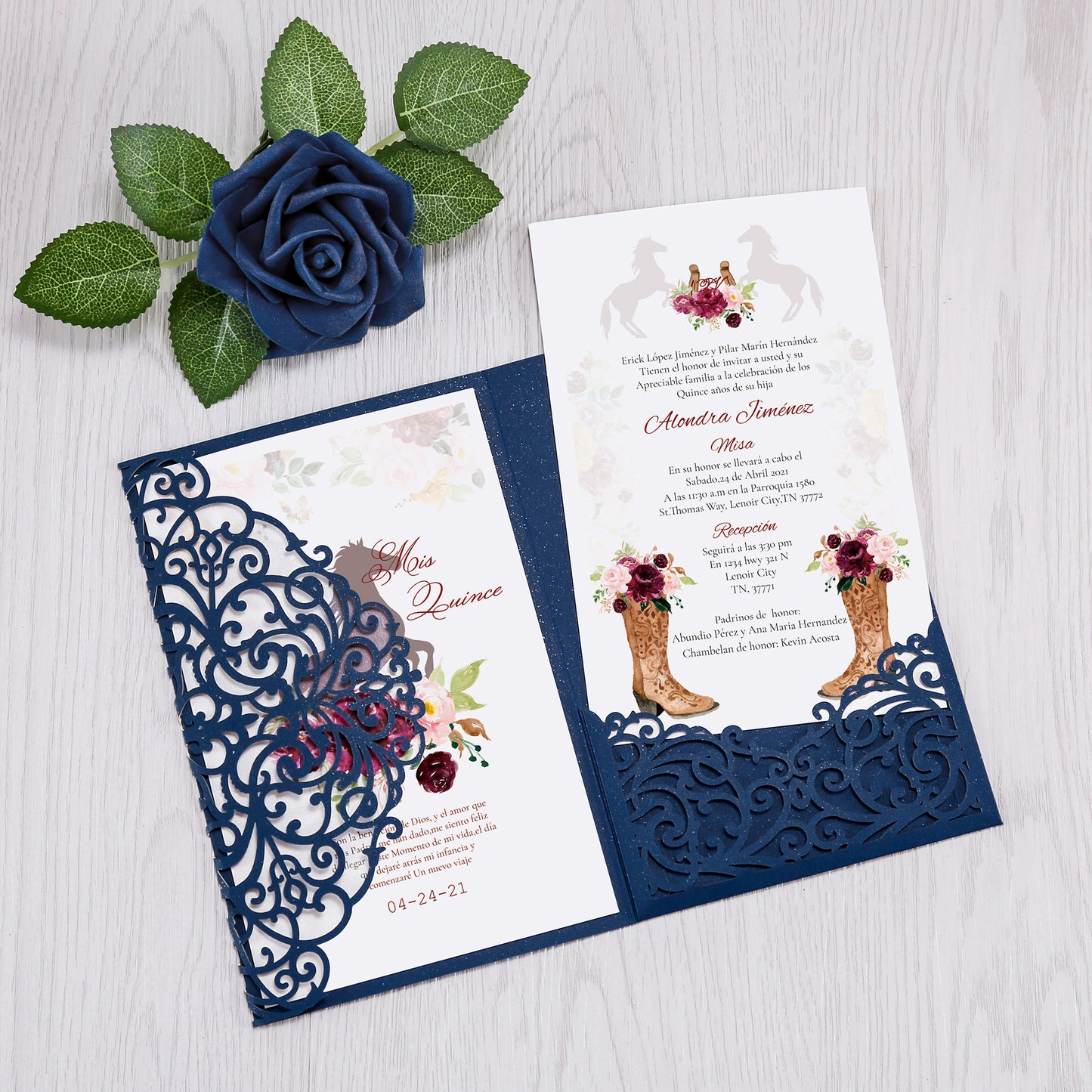 4.7 x7 inch Blue Laser Cut Hollow Rose Quinceanera Invitations Cards with Envelopes for Birthday Sweet 16
